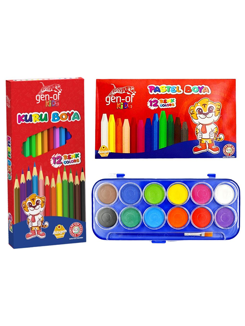 Kids 3’lü Okul Boya Seti – Kuru, Pastel ve Sulu Boya 12 Renk