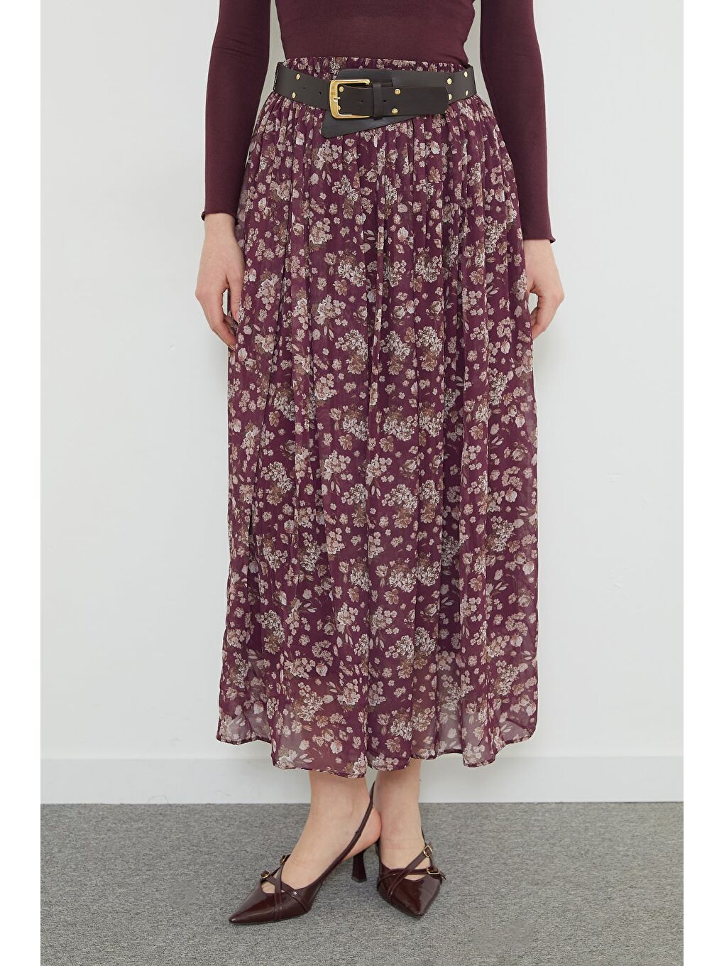 Mürdüm Kemerli Çiçek Desenli Maxi Boy Şifon Etek-3