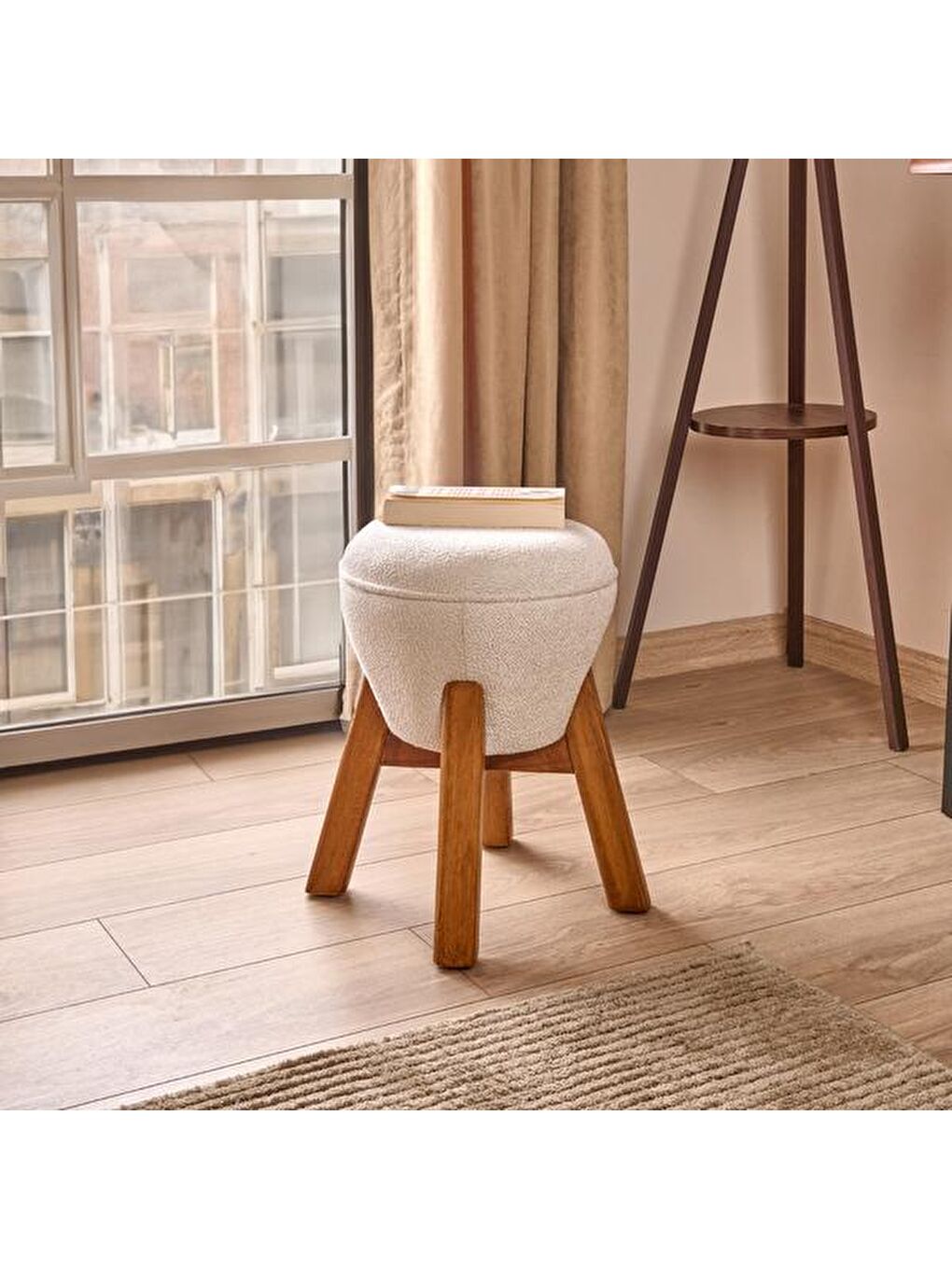 Ekru Retro Mantar Puf - Krem - 48x33x33 cm