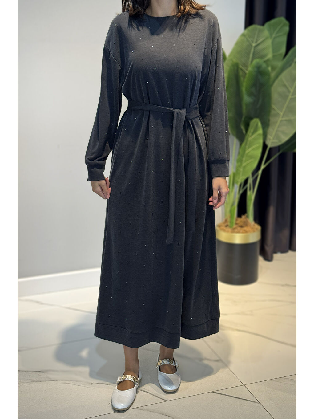 Taş Detaylı Elbise 92039 Antrasit-3