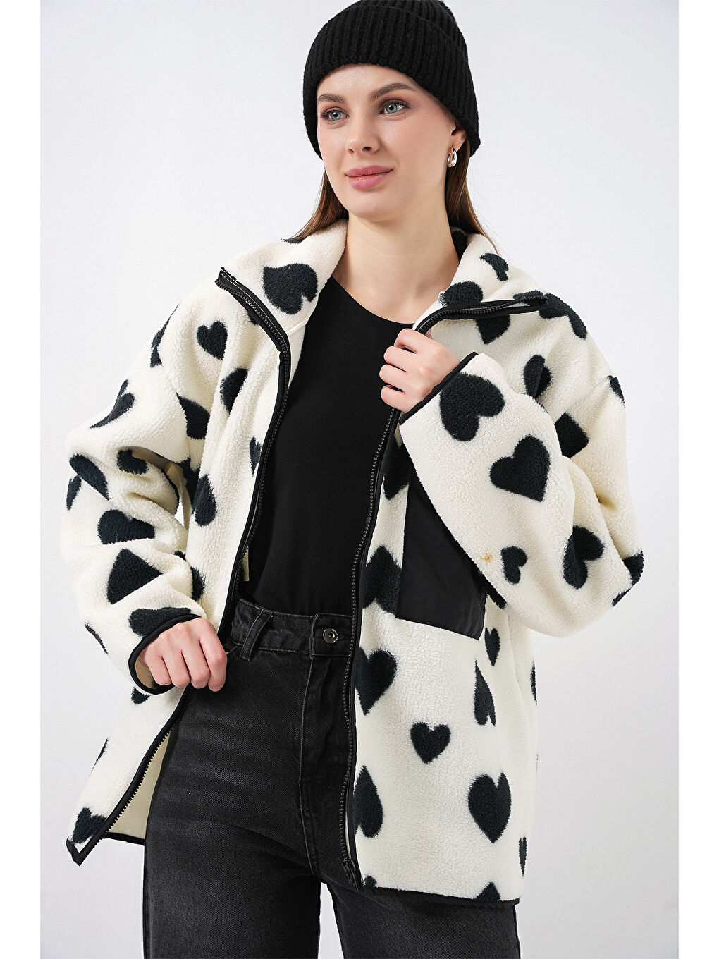 55446 Fermuarlı Oversize Pelüş Ceket Mont - A.Beyaz-4