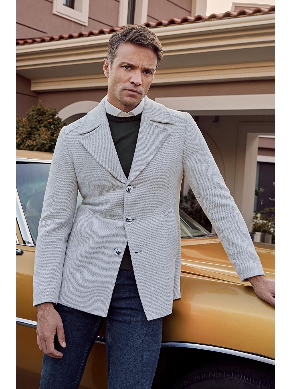 Bej Taş Rengi Kaşe Kırlangıç Yaka Desenli Astarlı Slim Fit Dar Kesim Klasik Mont 1007245150