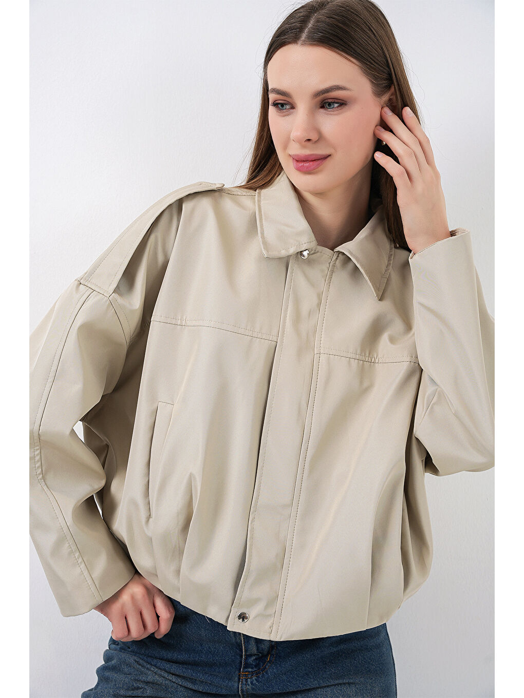 Bej Kadın Oversize Kısa Ceket 0732 - Taş-4