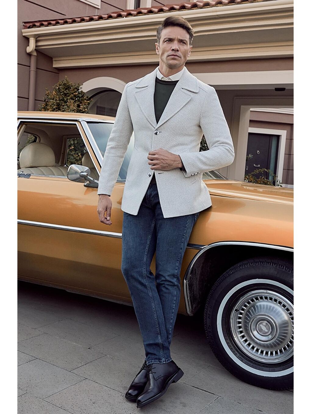 Bej Taş Rengi Kaşe Kırlangıç Yaka Desenli Astarlı Slim Fit Dar Kesim Klasik Mont 1007245150-1