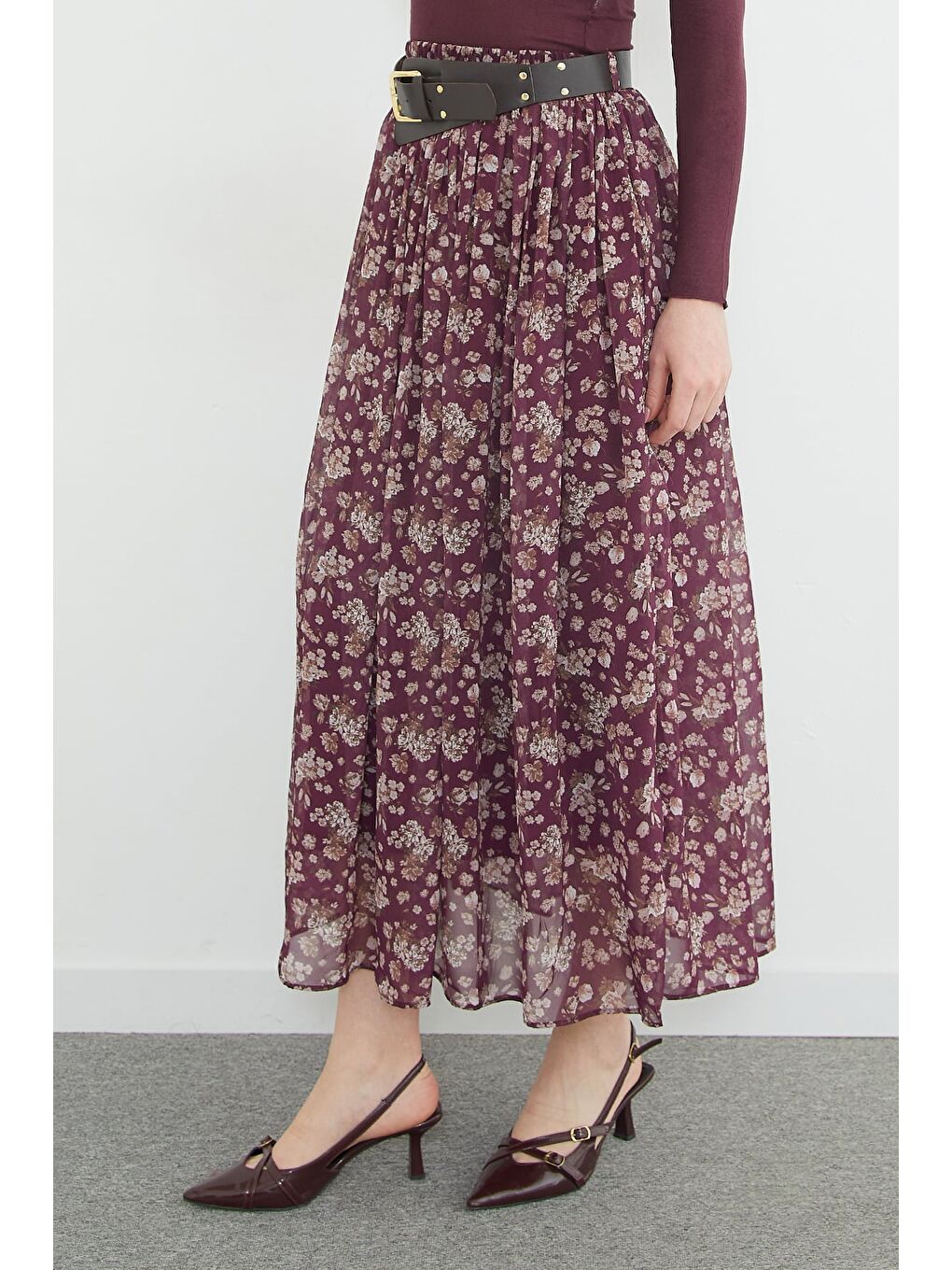 Mürdüm Kemerli Çiçek Desenli Maxi Boy Şifon Etek-4