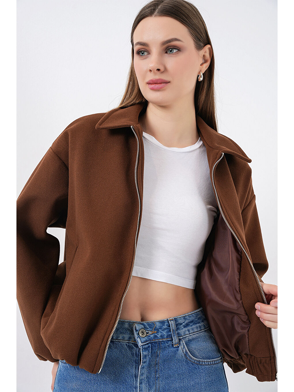 Bej Kadın Büzgülü Oversize Kaşe Ceket 0728 - Sütlü Kahve-5