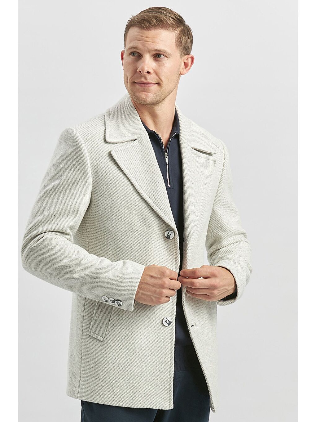 Bej Taş Rengi Kaşe Kırlangıç Yaka Desenli Astarlı Slim Fit Dar Kesim Klasik Mont 1007245150-2