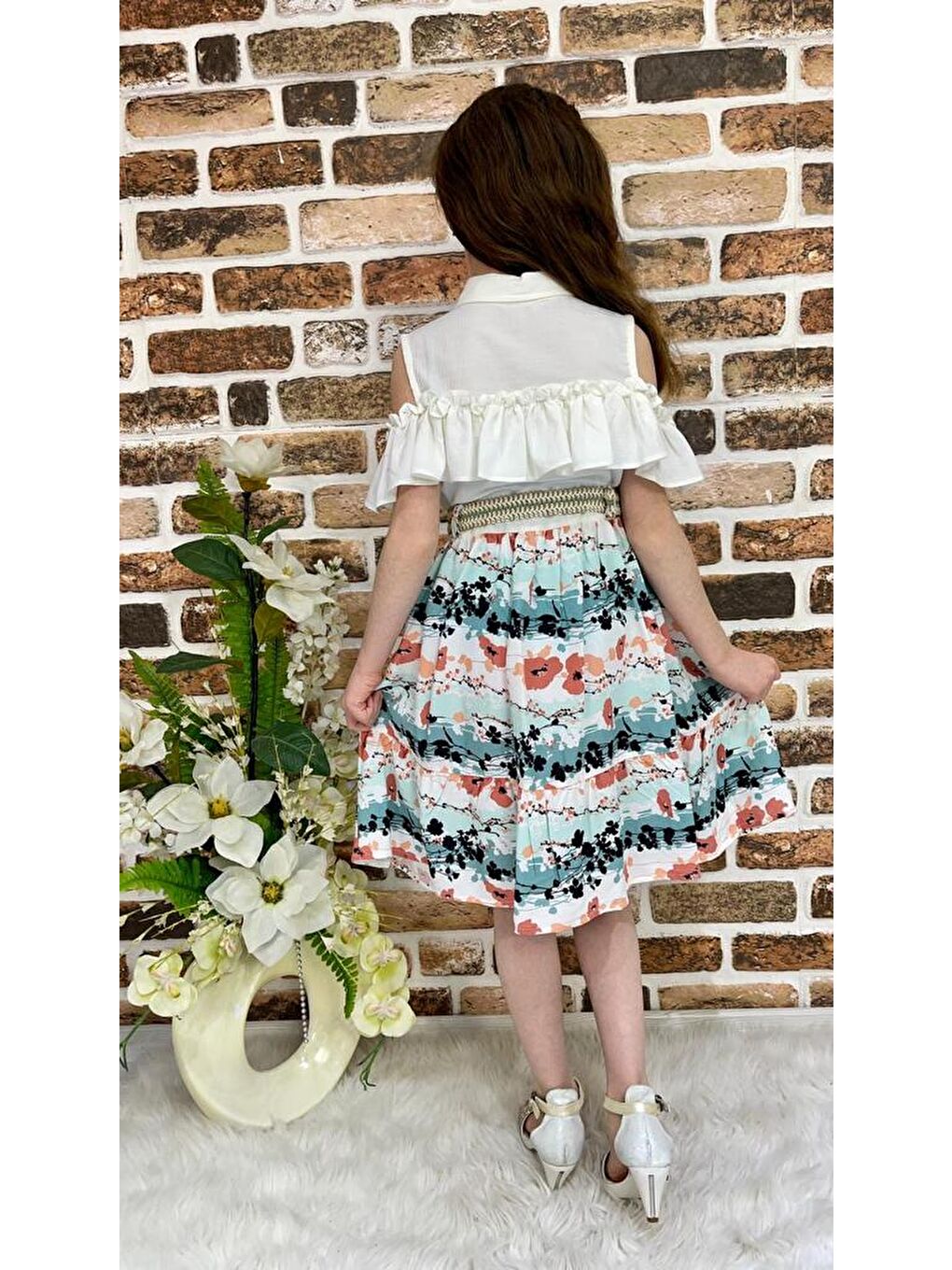 Ekru Çiçekli Viskon Gömlek Yaka Yazlık Kız Çocuk Elbise-1