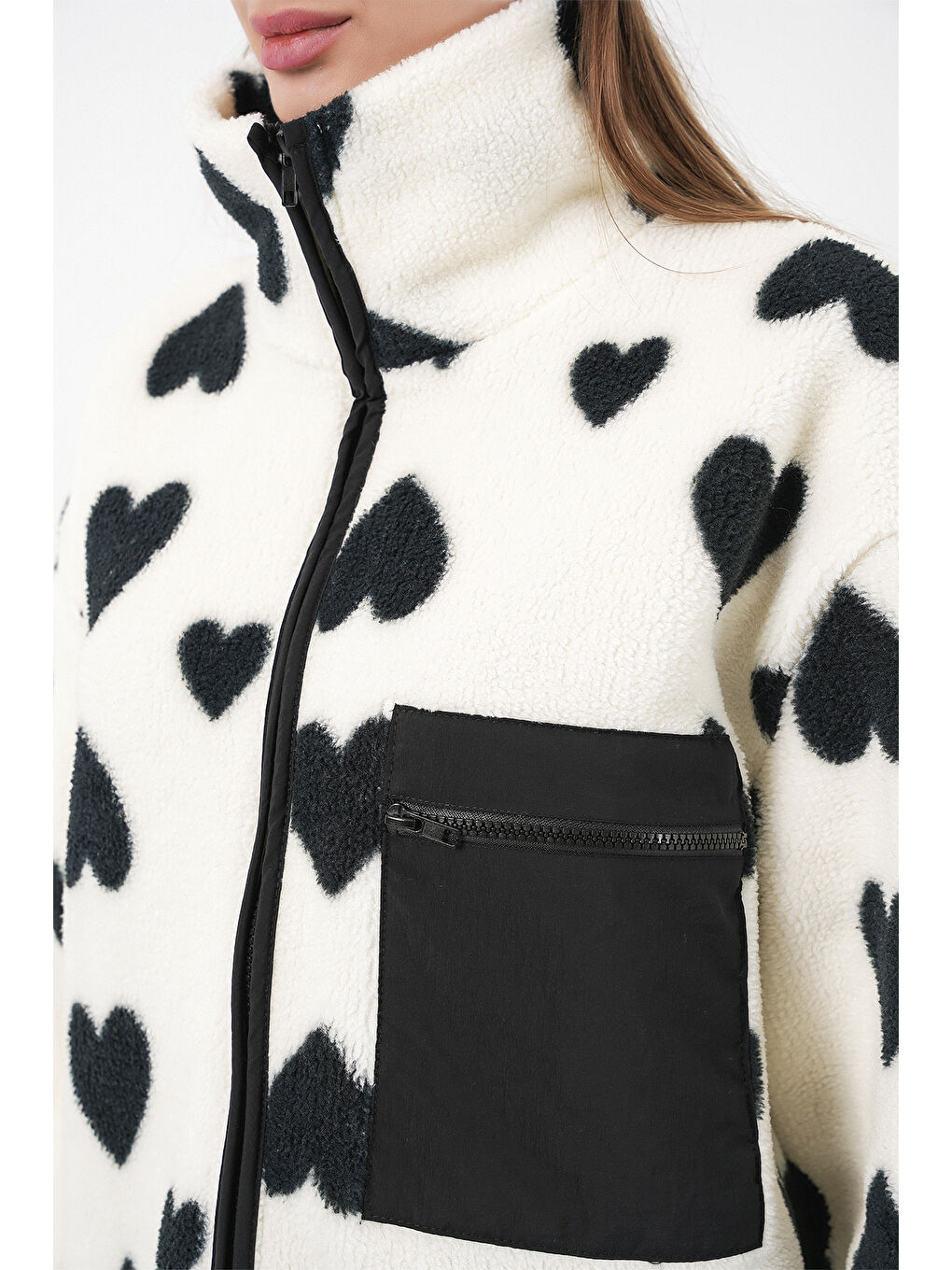 55446 Fermuarlı Oversize Pelüş Ceket Mont - A.Beyaz-5