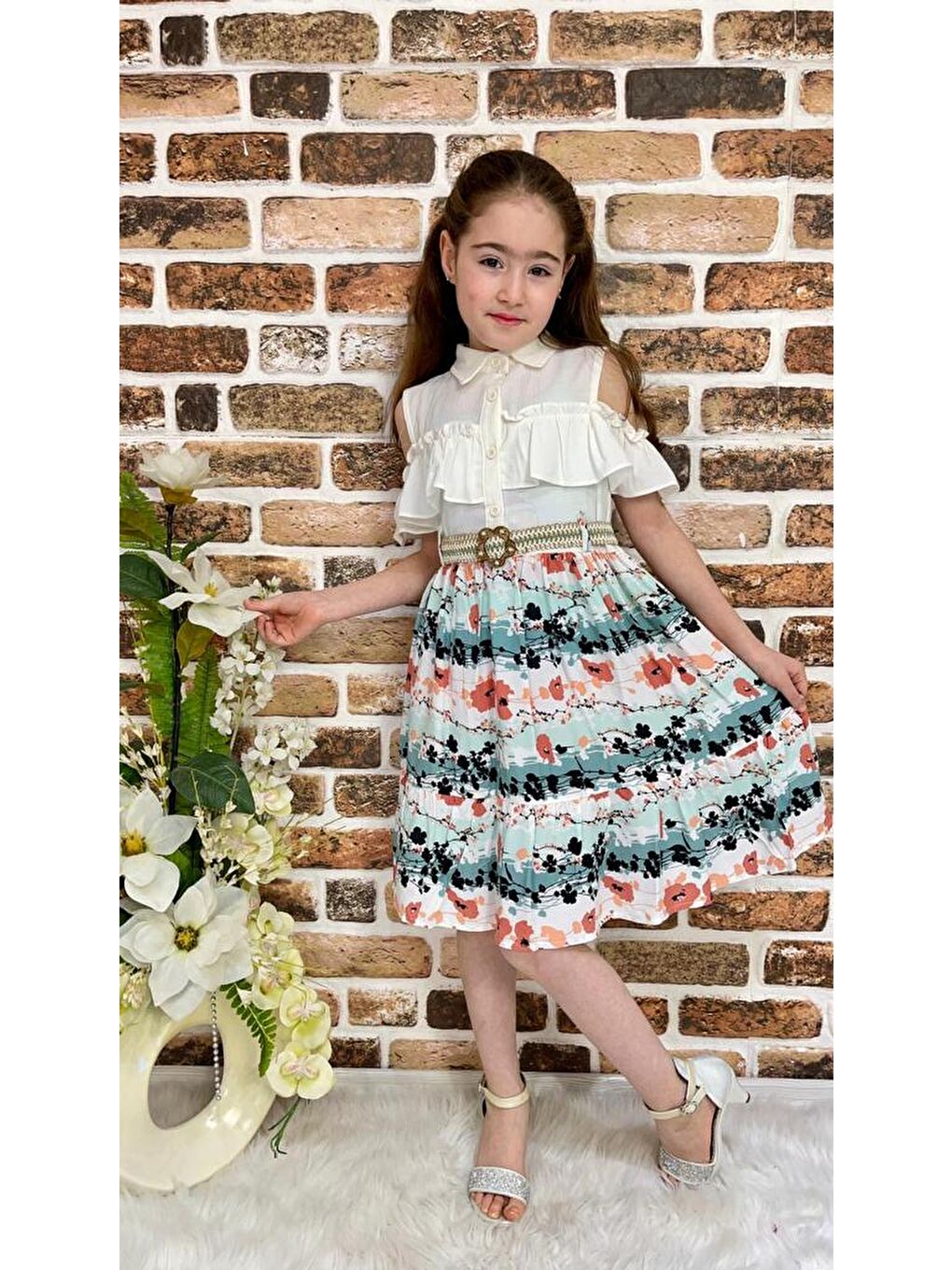 Ekru Çiçekli Viskon Gömlek Yaka Yazlık Kız Çocuk Elbise-2