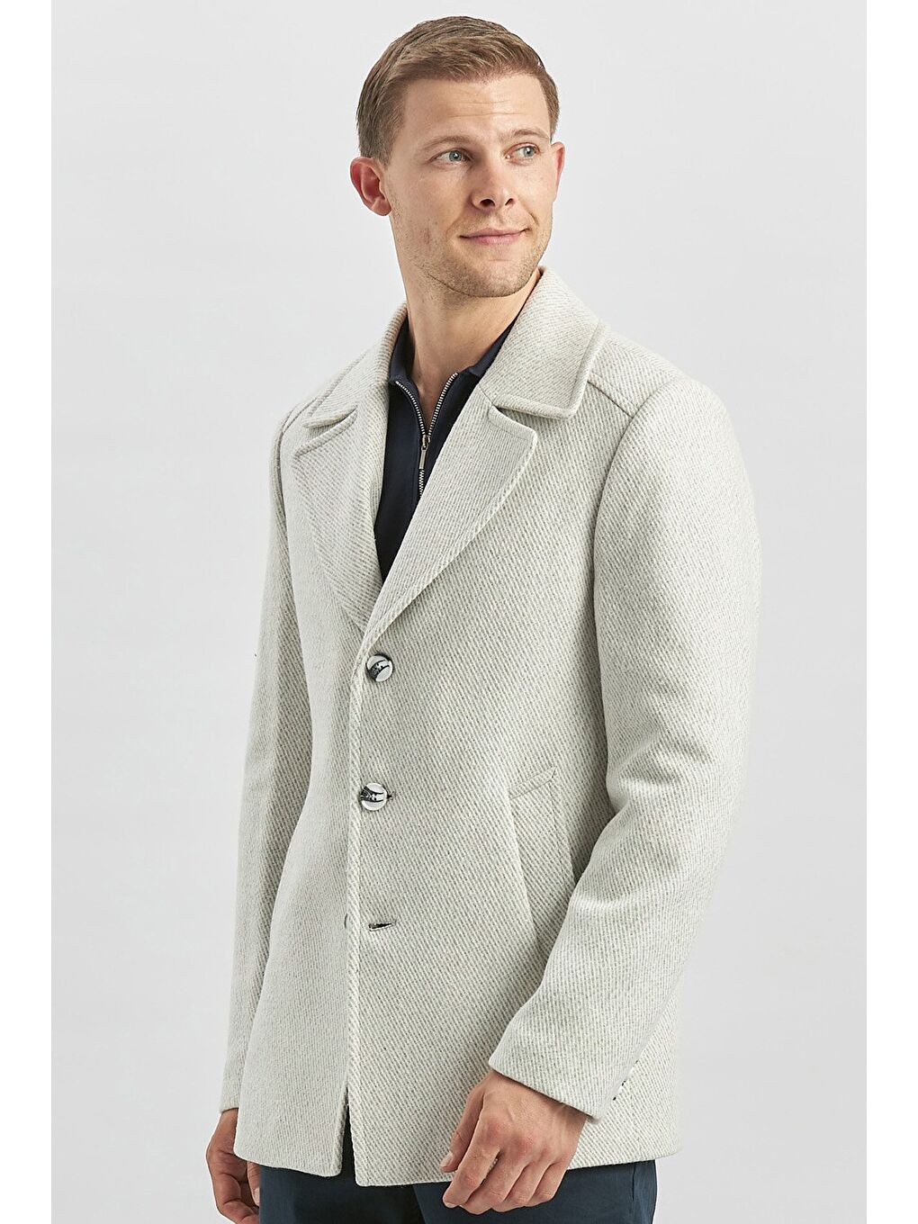 Bej Taş Rengi Kaşe Kırlangıç Yaka Desenli Astarlı Slim Fit Dar Kesim Klasik Mont 1007245150-4