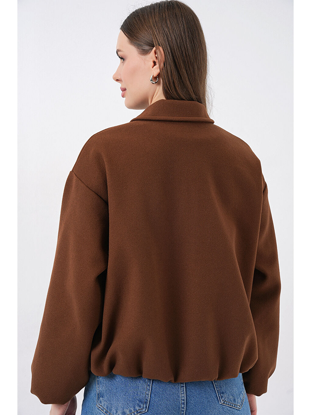 Bej Kadın Büzgülü Oversize Kaşe Ceket 0728 - Sütlü Kahve-7