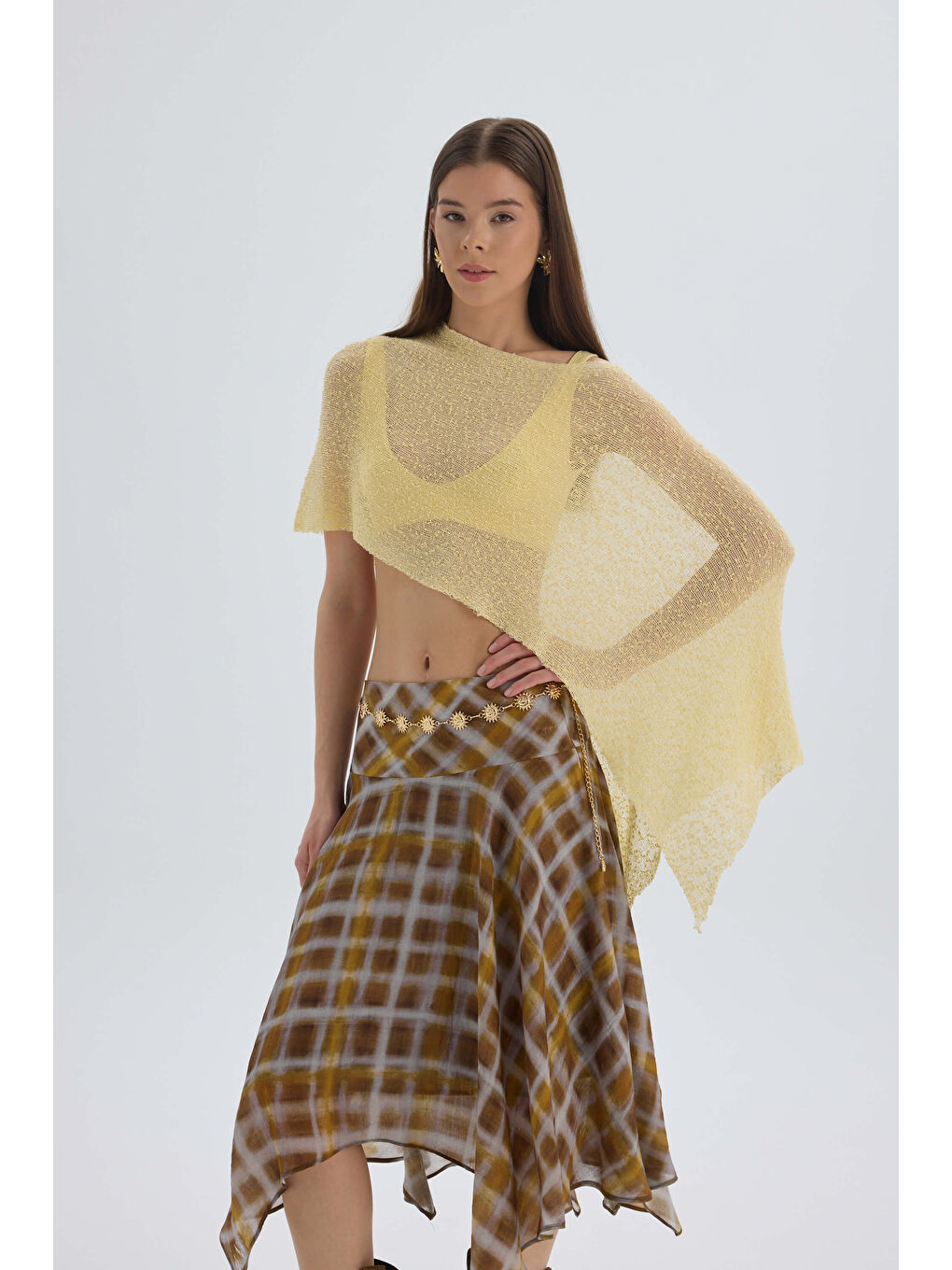 Amorette Asimetrik Ekoseli Sarı Midi Etek