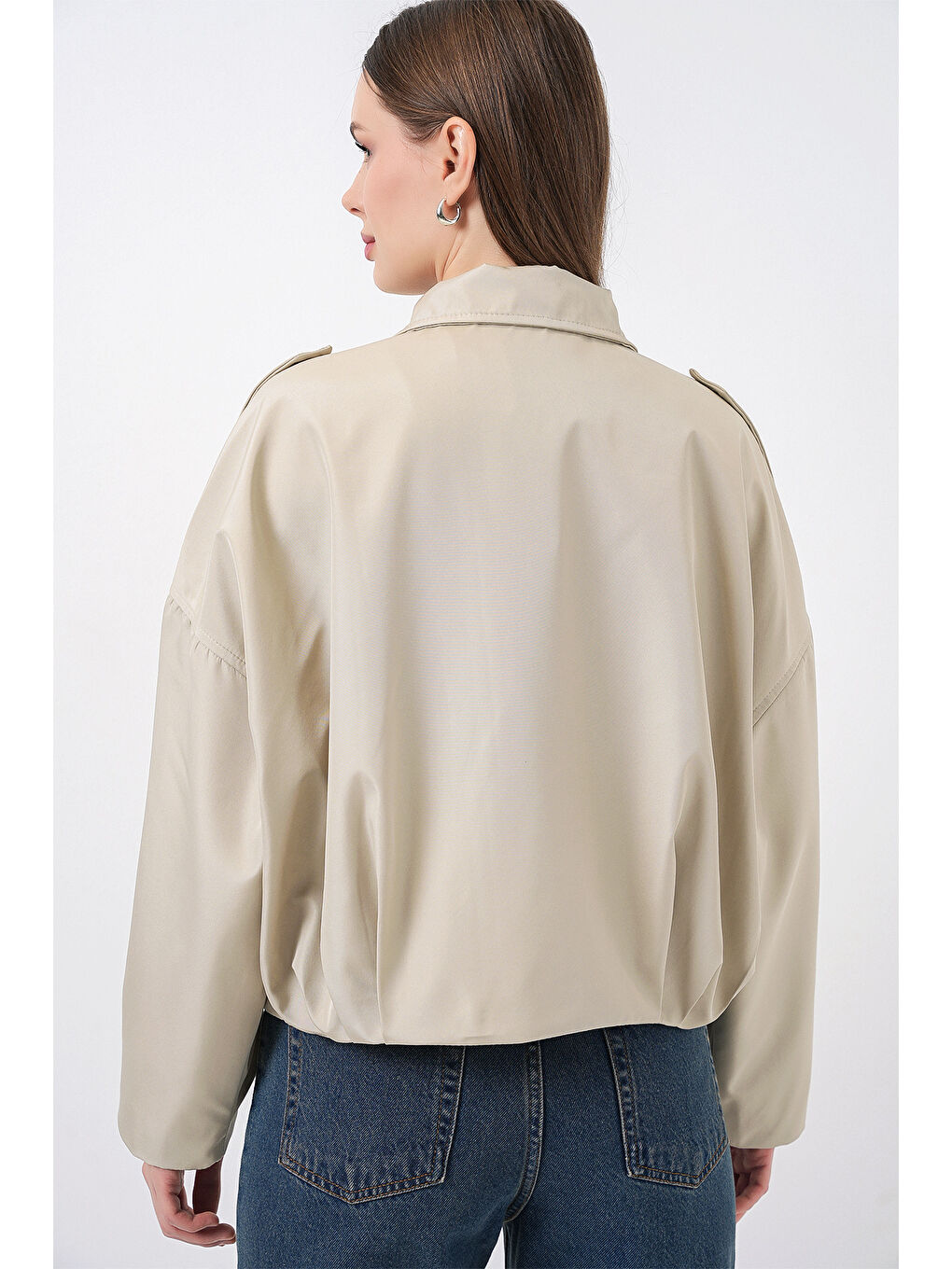 Bej Kadın Oversize Kısa Ceket 0732 - Taş-6