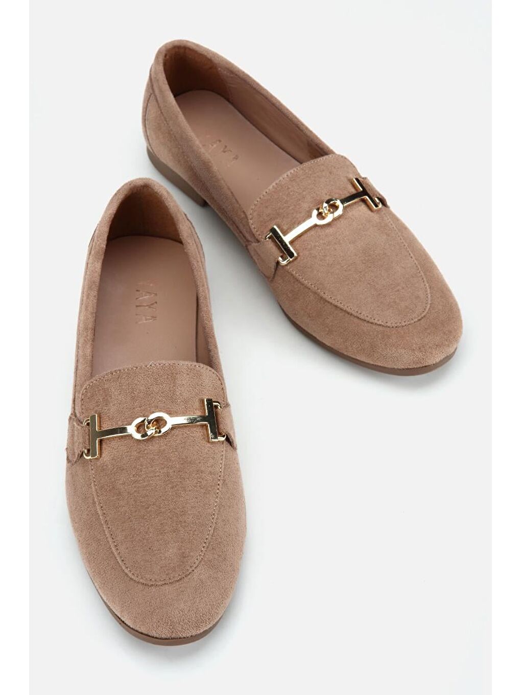 Bej Kadın Vizon Süet Gold Tokalı Loafer-5