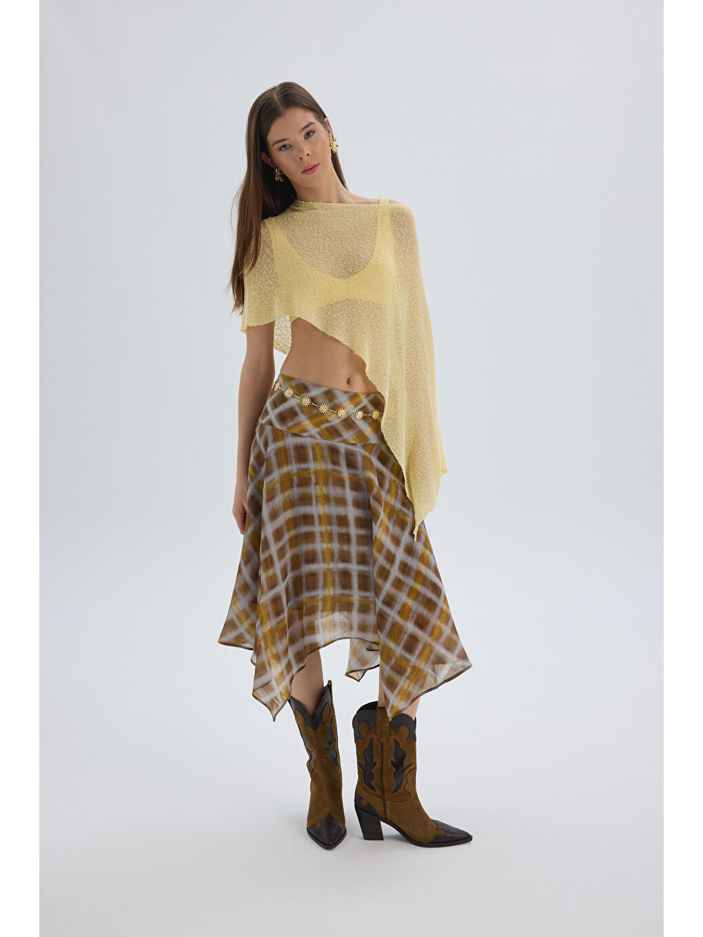 Amorette Asimetrik Ekoseli Sarı Midi Etek-1