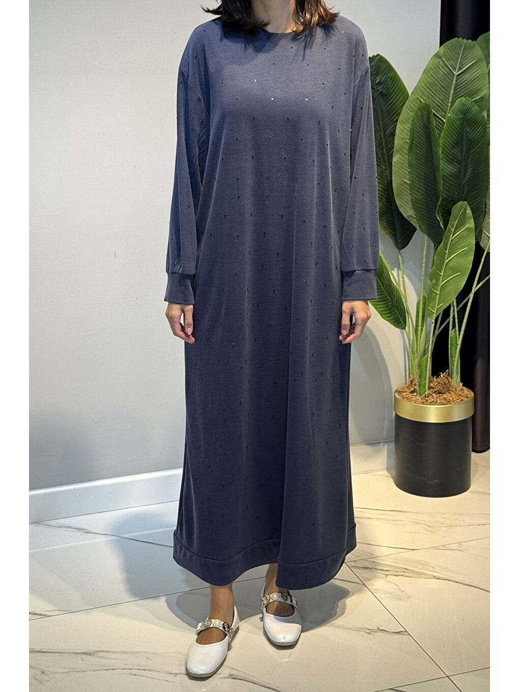 Taş Detaylı Elbise 92039 İndigo-2