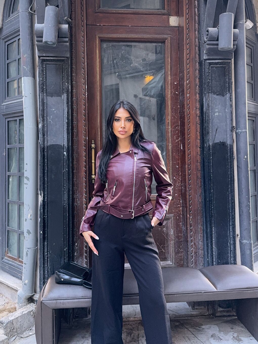 Bordo Fermuar Detay Tasarım Deri Ceket-2