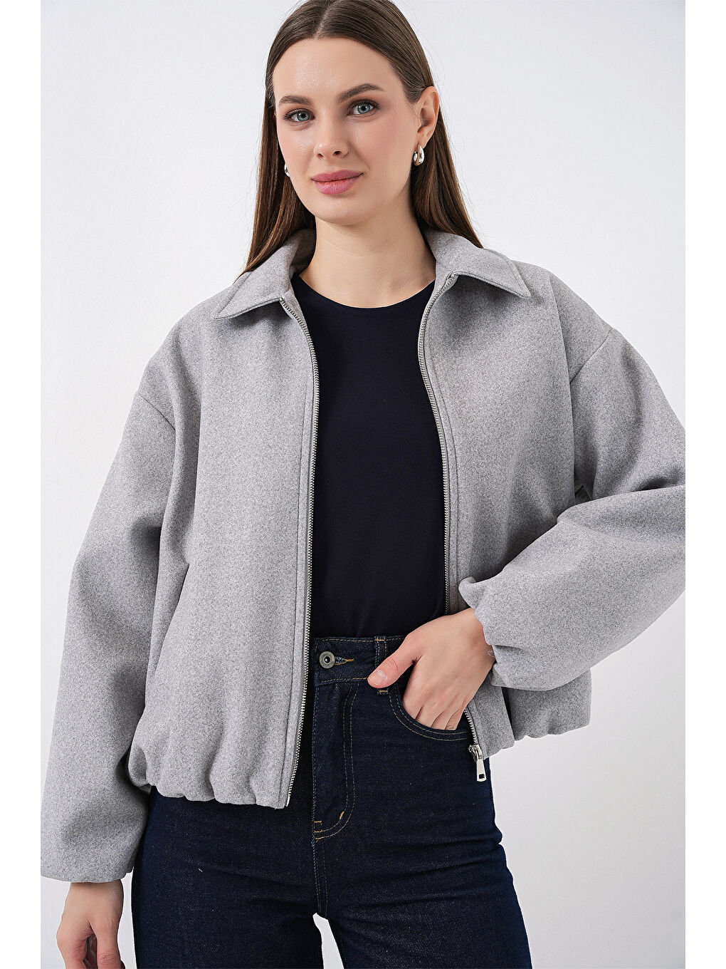 Kadın Büzgülü Oversize Kaşe Ceket 0728 - A.Gri-2