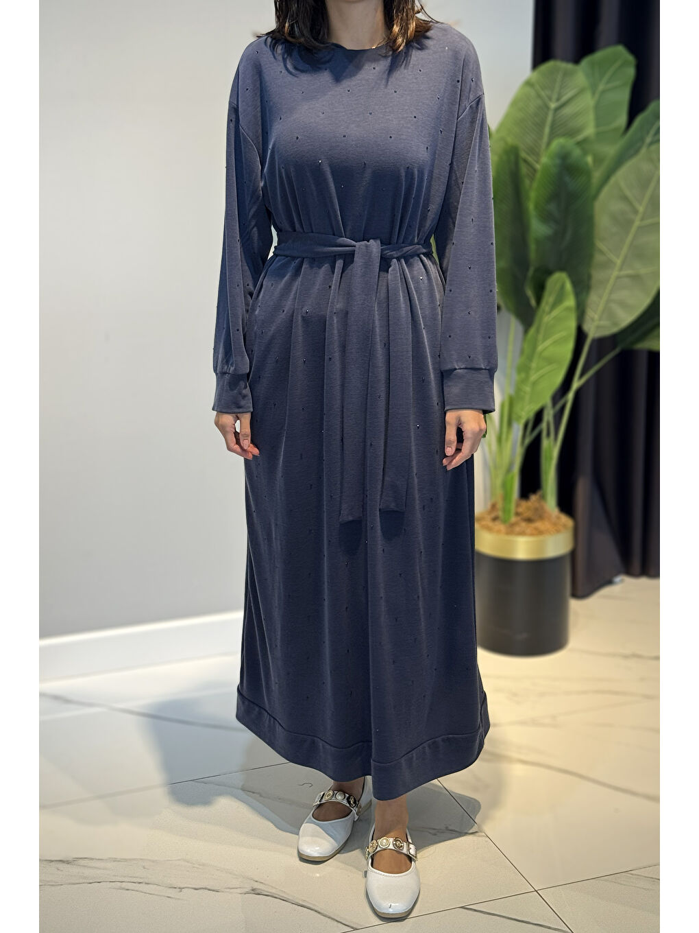 Taş Detaylı Elbise 92039 İndigo-3