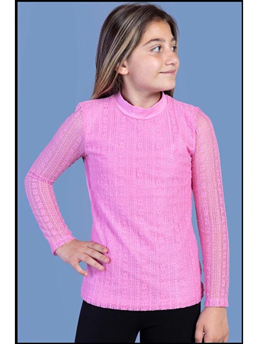 Pembe Kız Çocuk Önü Dantelli Okul Tişört