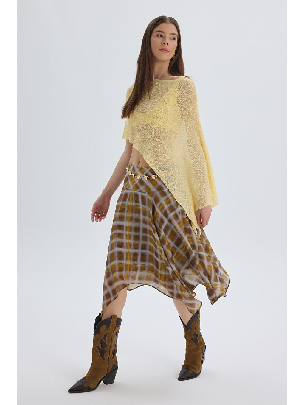 Amorette Asimetrik Ekoseli Sarı Midi Etek-2