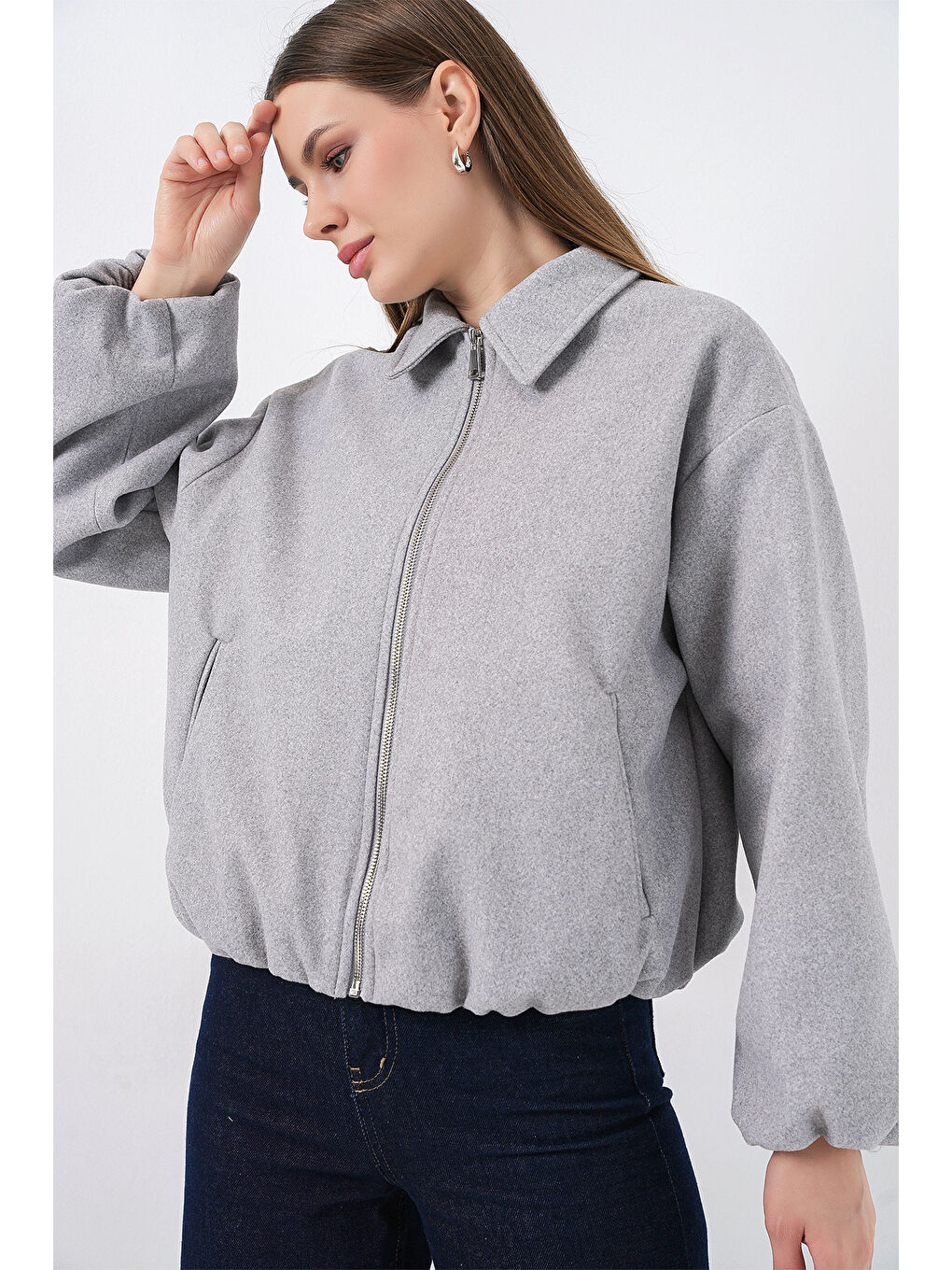 Kadın Büzgülü Oversize Kaşe Ceket 0728 - A.Gri-3