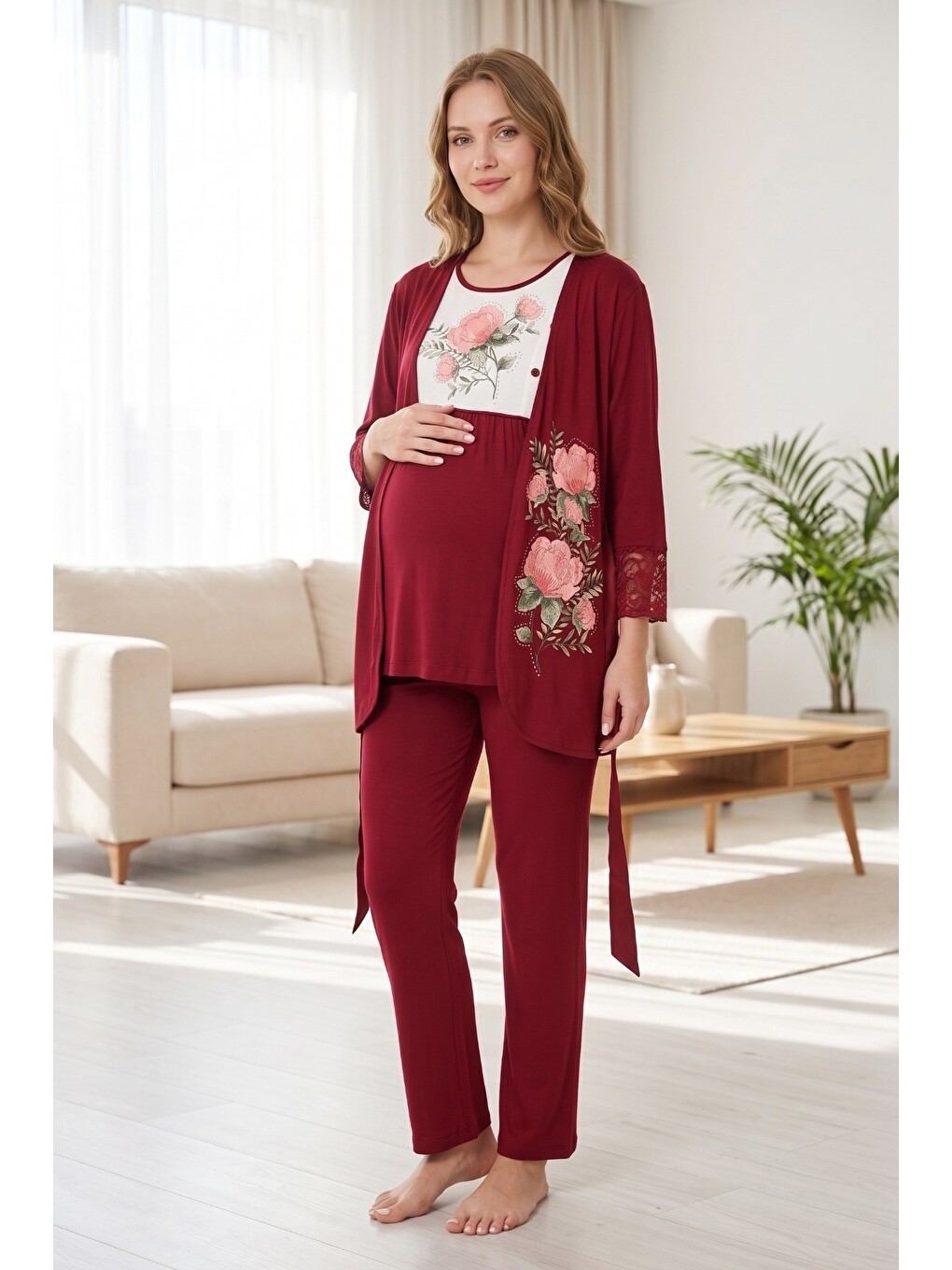 Bordo Rosette Çiçek Desenli Dantel Detaylı Sabahlıklı Hamile Ve Lohusa Pijama Takımı