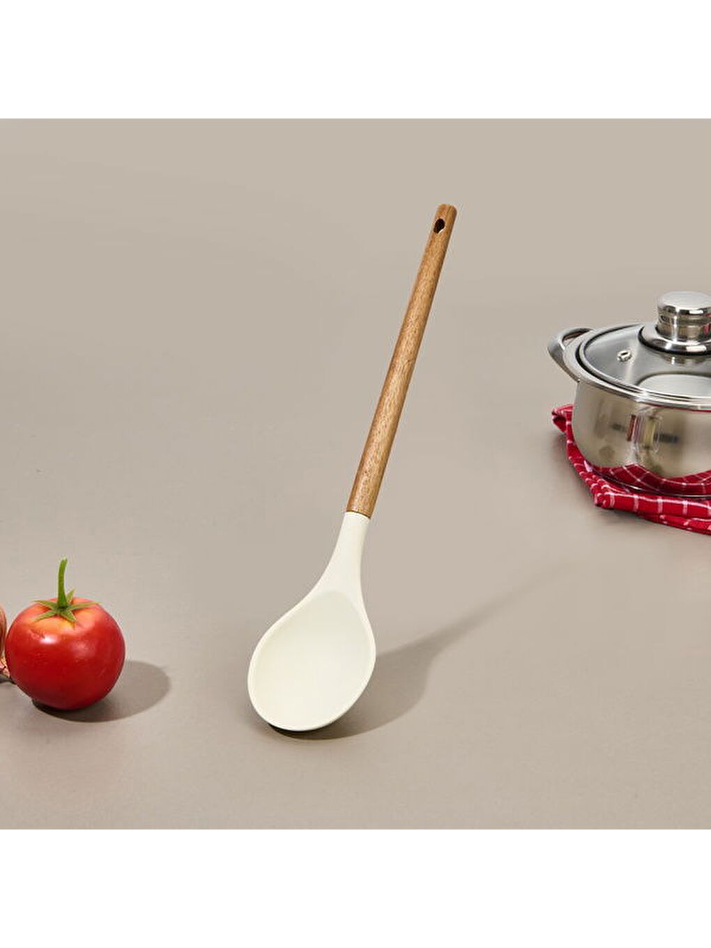 Akasya Saplı Silikon Servis Kaşığı - Kahverengi / Krem