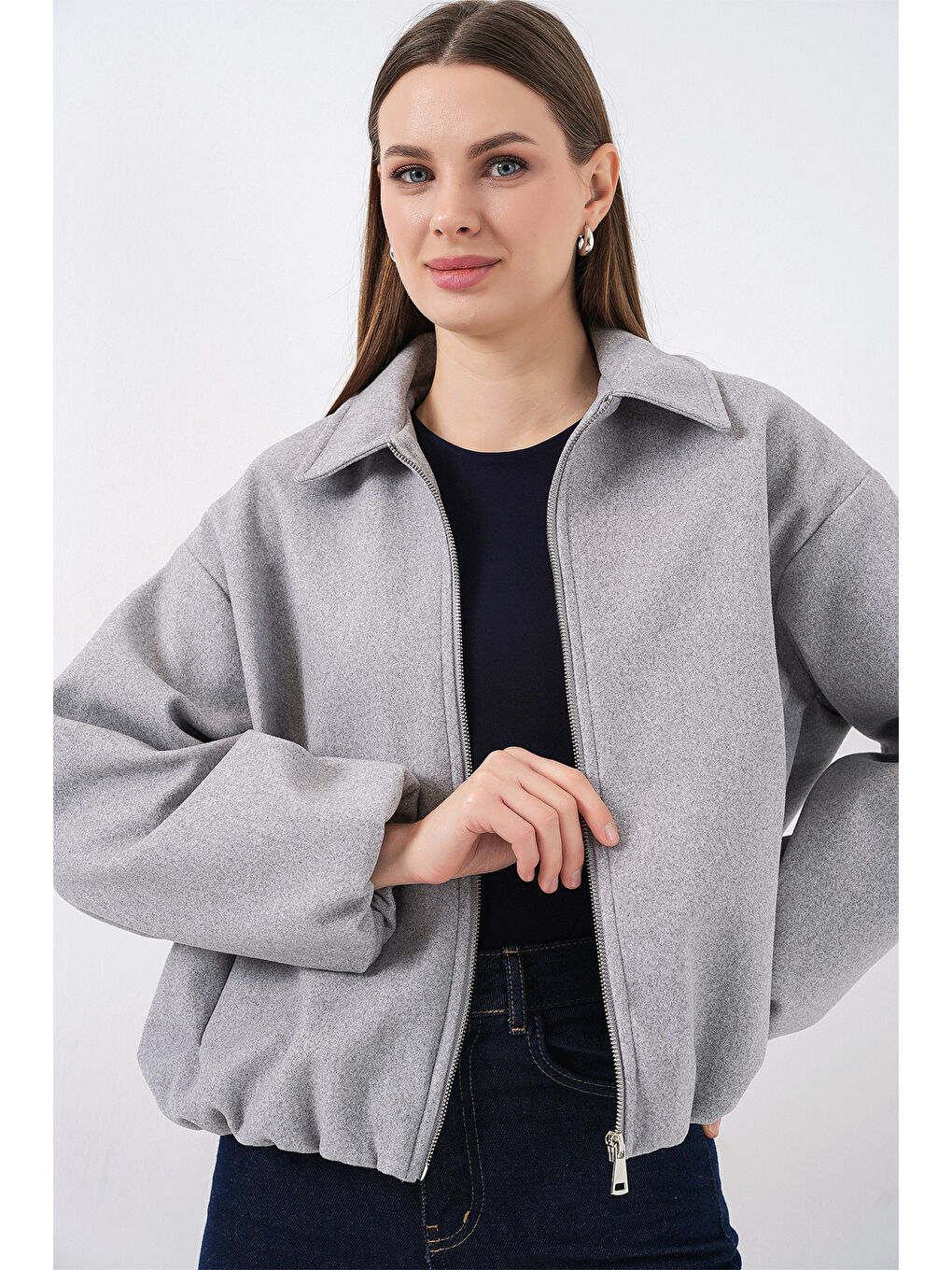 Kadın Büzgülü Oversize Kaşe Ceket 0728 - A.Gri-4