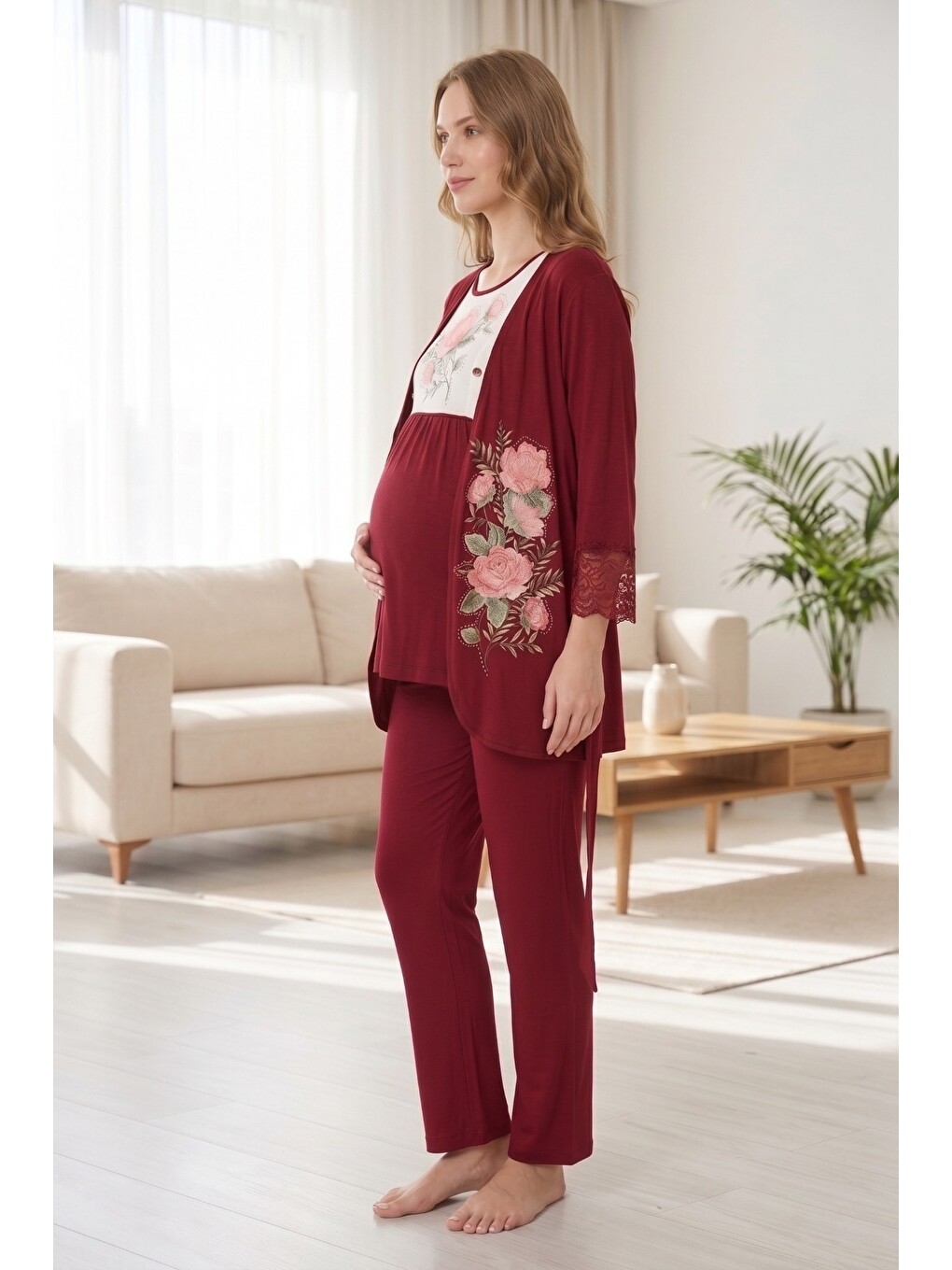 Bordo Rosette Çiçek Desenli Dantel Detaylı Sabahlıklı Hamile Ve Lohusa Pijama Takımı-1