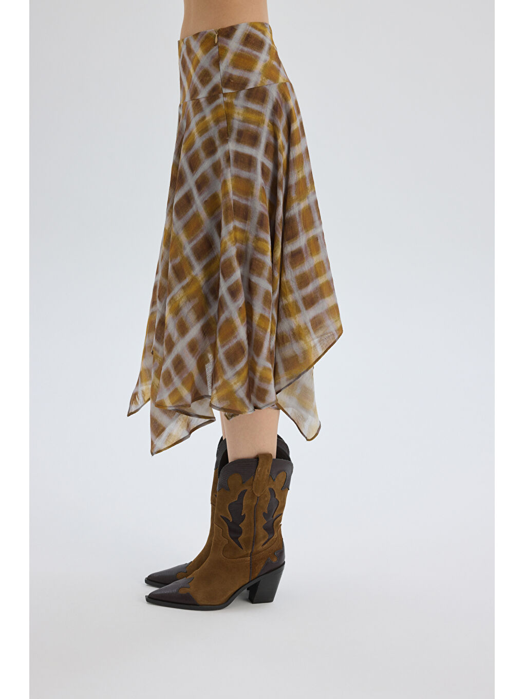 Amorette Asimetrik Ekoseli Sarı Midi Etek-3