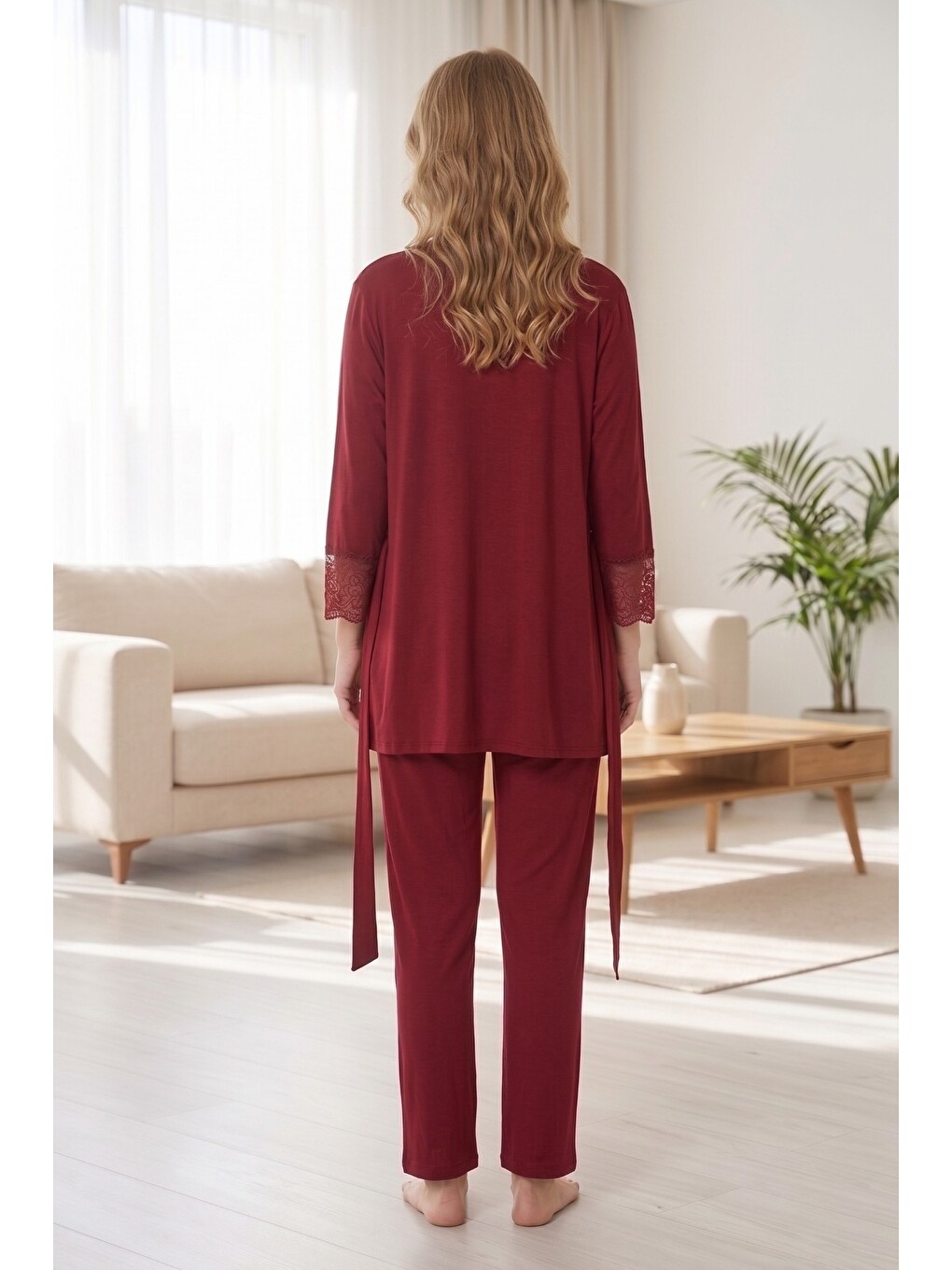 Bordo Rosette Çiçek Desenli Dantel Detaylı Sabahlıklı Hamile Ve Lohusa Pijama Takımı-2