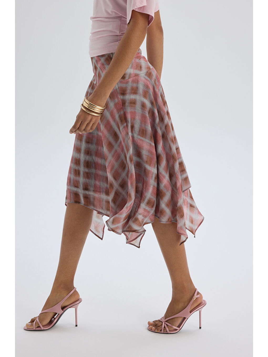 Amorette Asimetrik Ekoseli Pembe Midi Etek-1