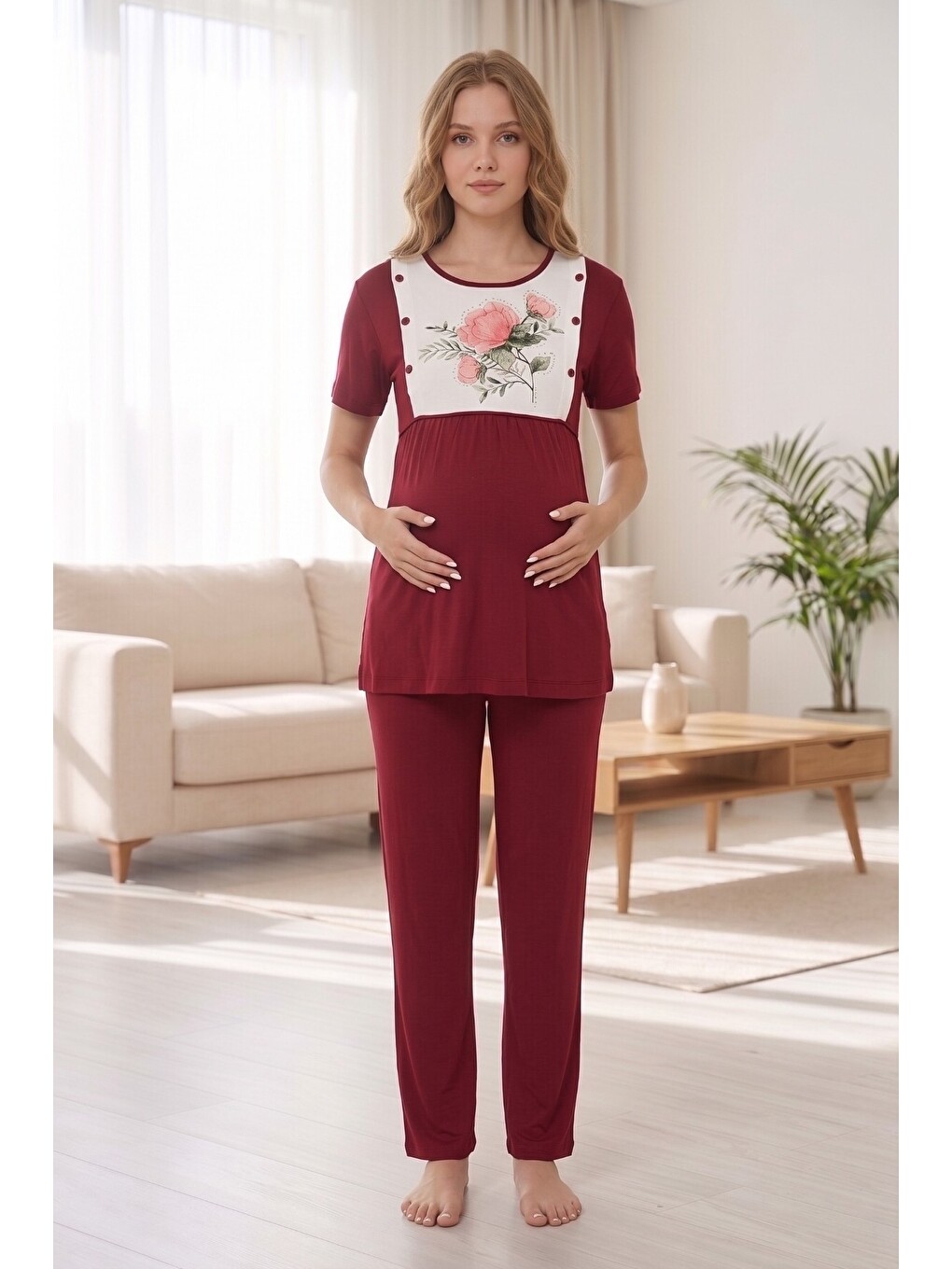 Bordo Rosette Çiçek Desenli Dantel Detaylı Sabahlıklı Hamile Ve Lohusa Pijama Takımı-3