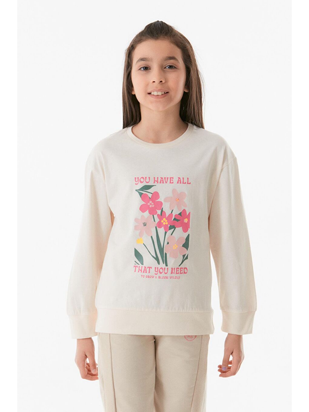 Ekru Baskılı Bisiklet Yaka Kız Çocuk Sweatshirt