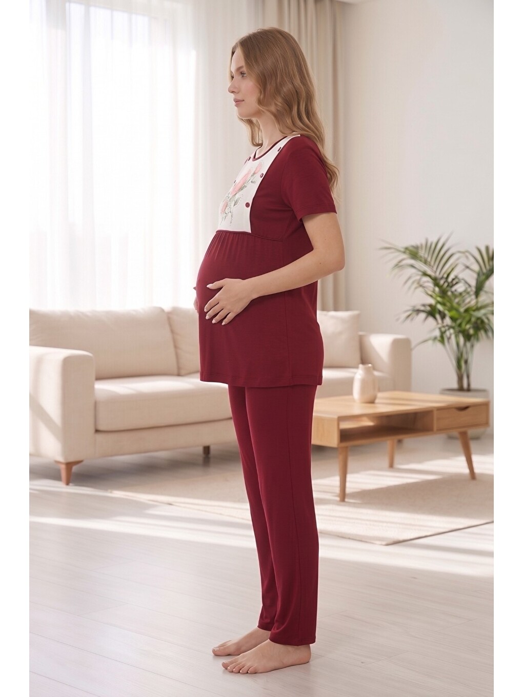 Bordo Rosette Çiçek Desenli Dantel Detaylı Sabahlıklı Hamile Ve Lohusa Pijama Takımı-4