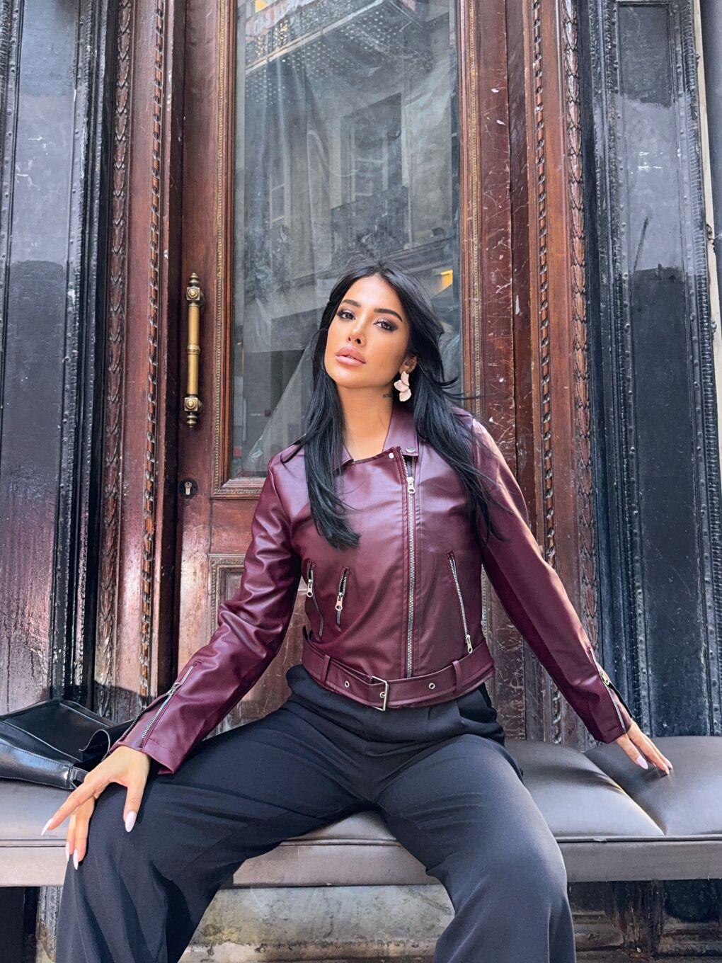 Bordo Fermuar Detay Tasarım Deri Ceket-3