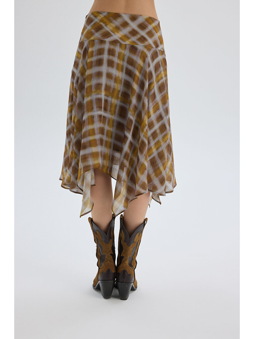 Amorette Asimetrik Ekoseli Sarı Midi Etek-4