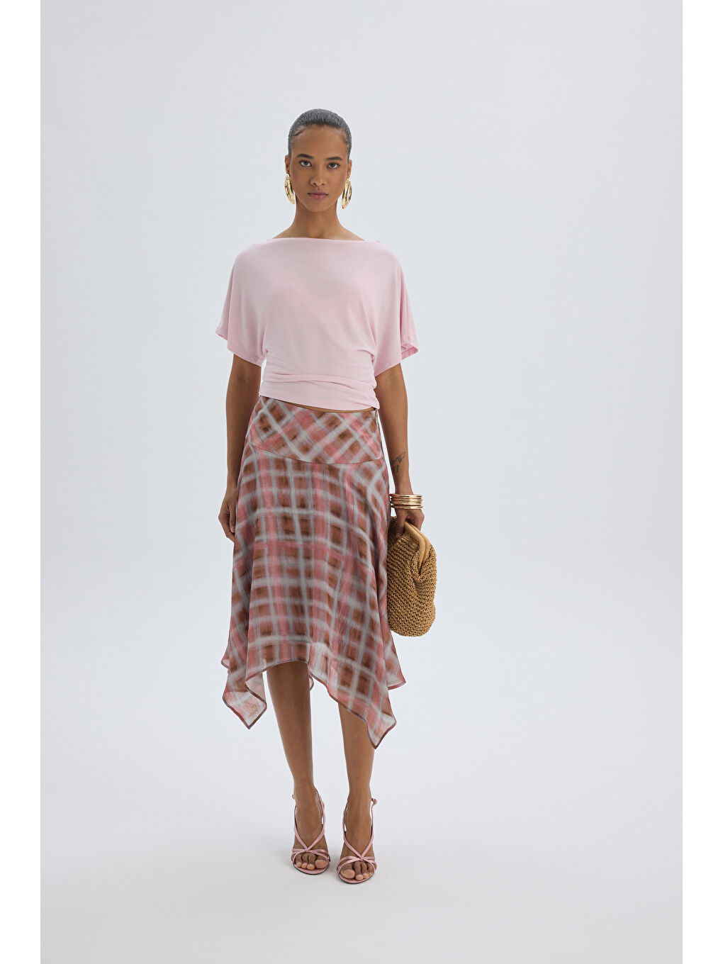 Amorette Asimetrik Ekoseli Pembe Midi Etek-2