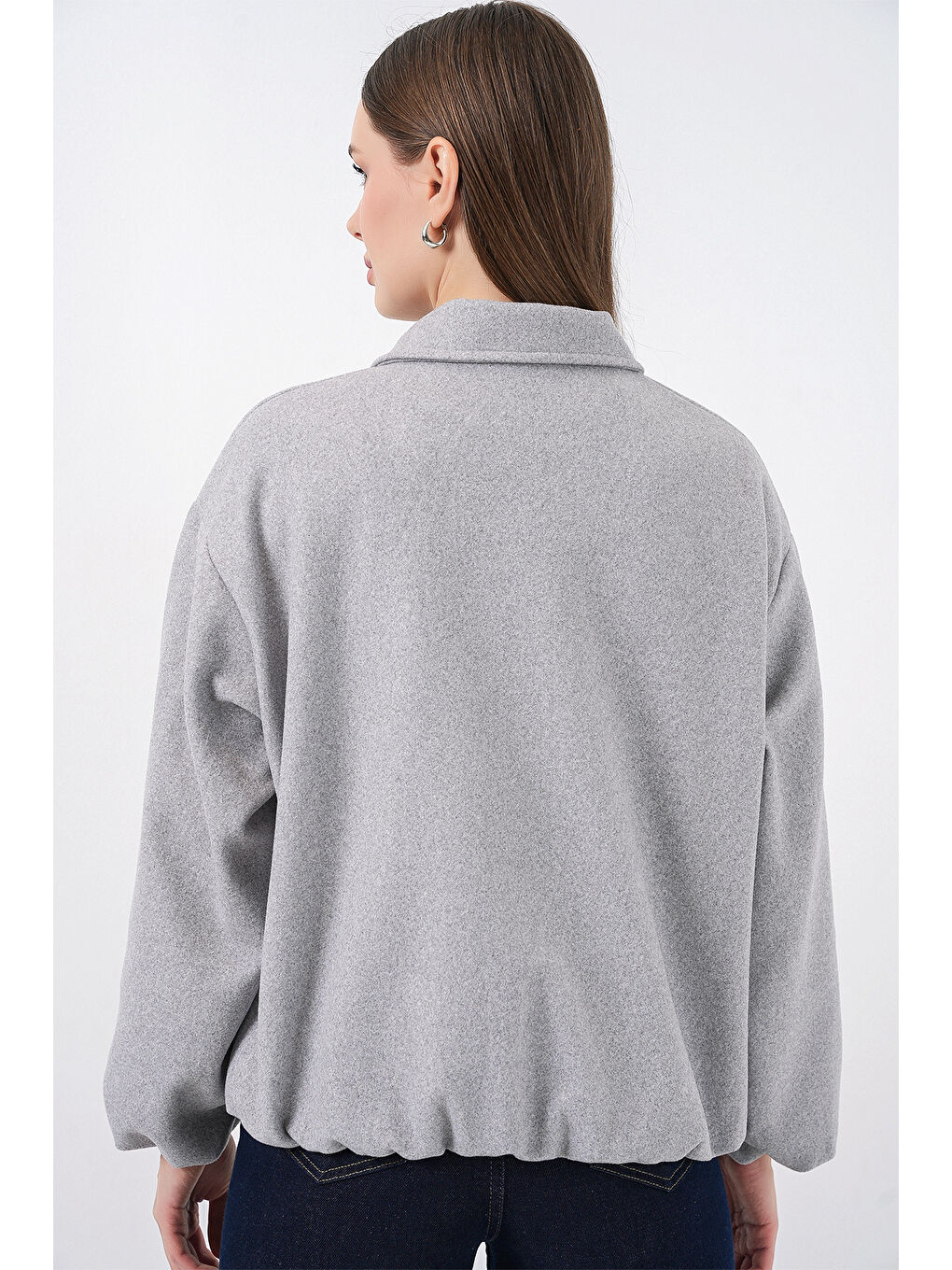 Kadın Büzgülü Oversize Kaşe Ceket 0728 - A.Gri-6