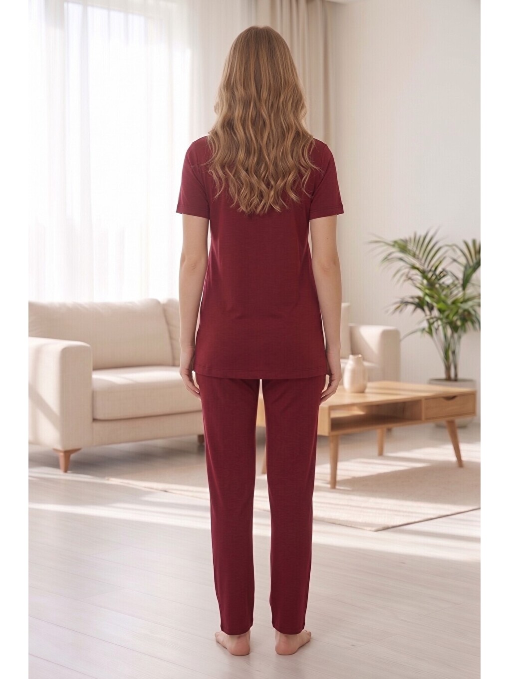 Bordo Rosette Çiçek Desenli Dantel Detaylı Sabahlıklı Hamile Ve Lohusa Pijama Takımı-5