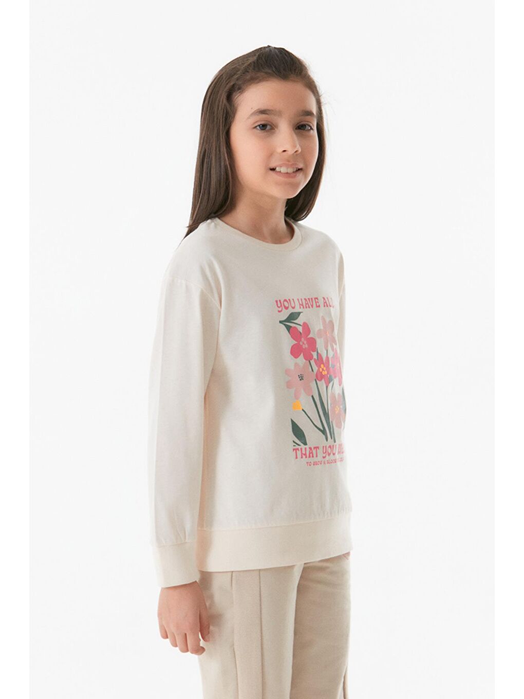 Ekru Baskılı Bisiklet Yaka Kız Çocuk Sweatshirt-1