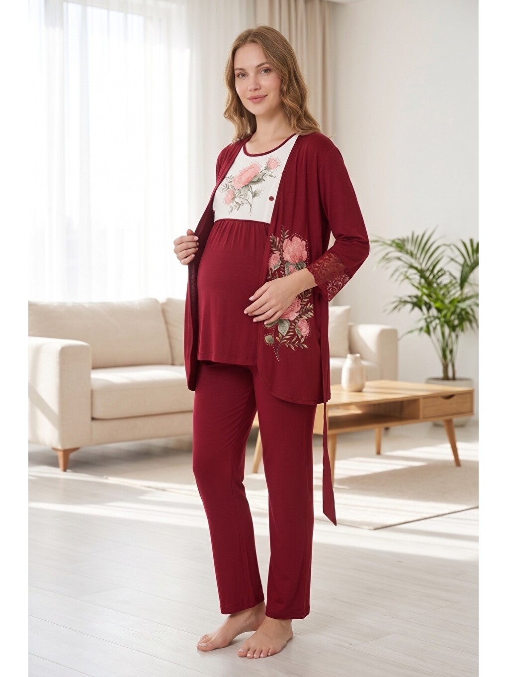 Bordo Rosette Çiçek Desenli Dantel Detaylı Sabahlıklı Hamile Ve Lohusa Pijama Takımı-6