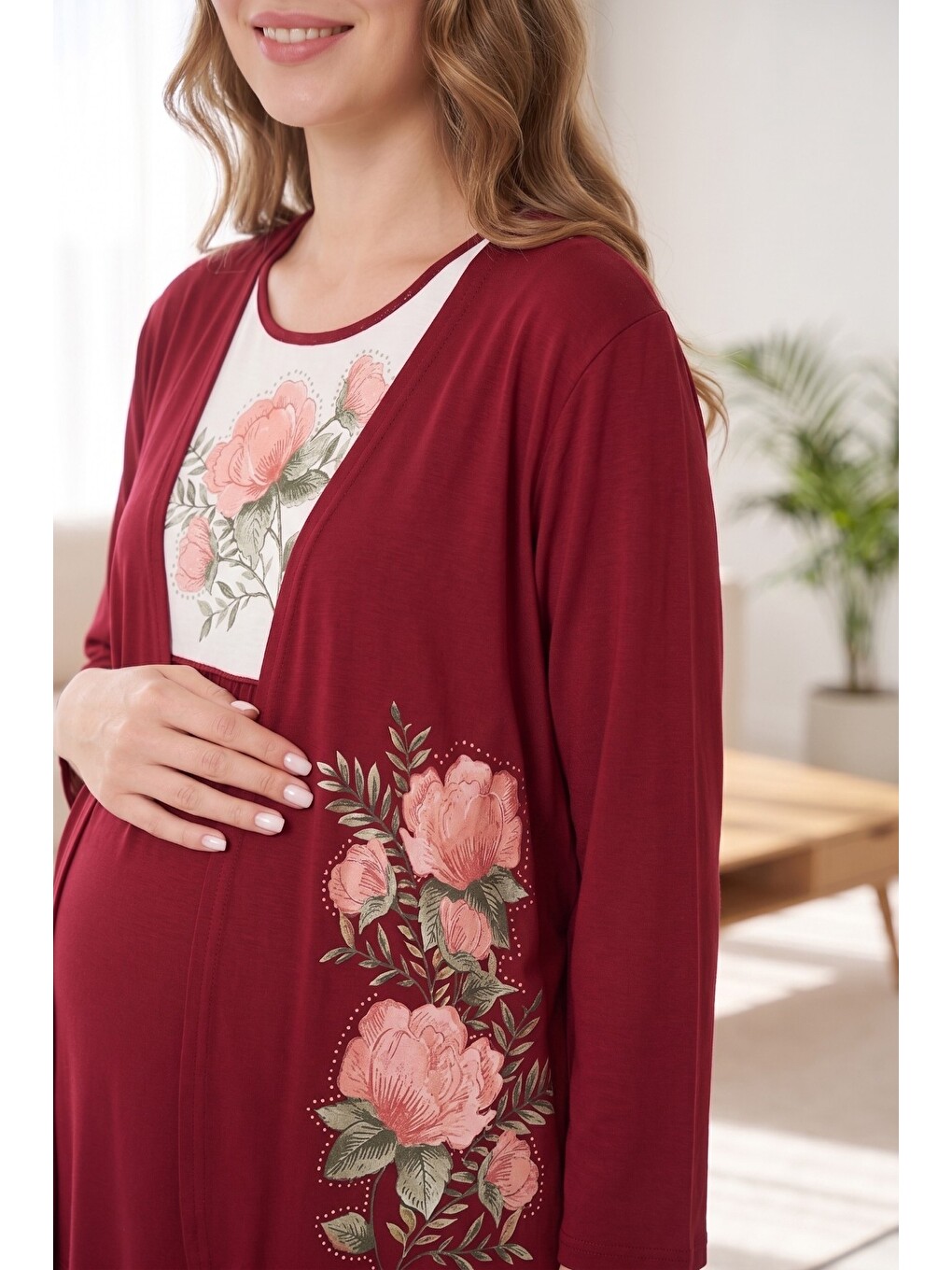Bordo Rosette Çiçek Desenli Dantel Detaylı Sabahlıklı Hamile Ve Lohusa Pijama Takımı-7