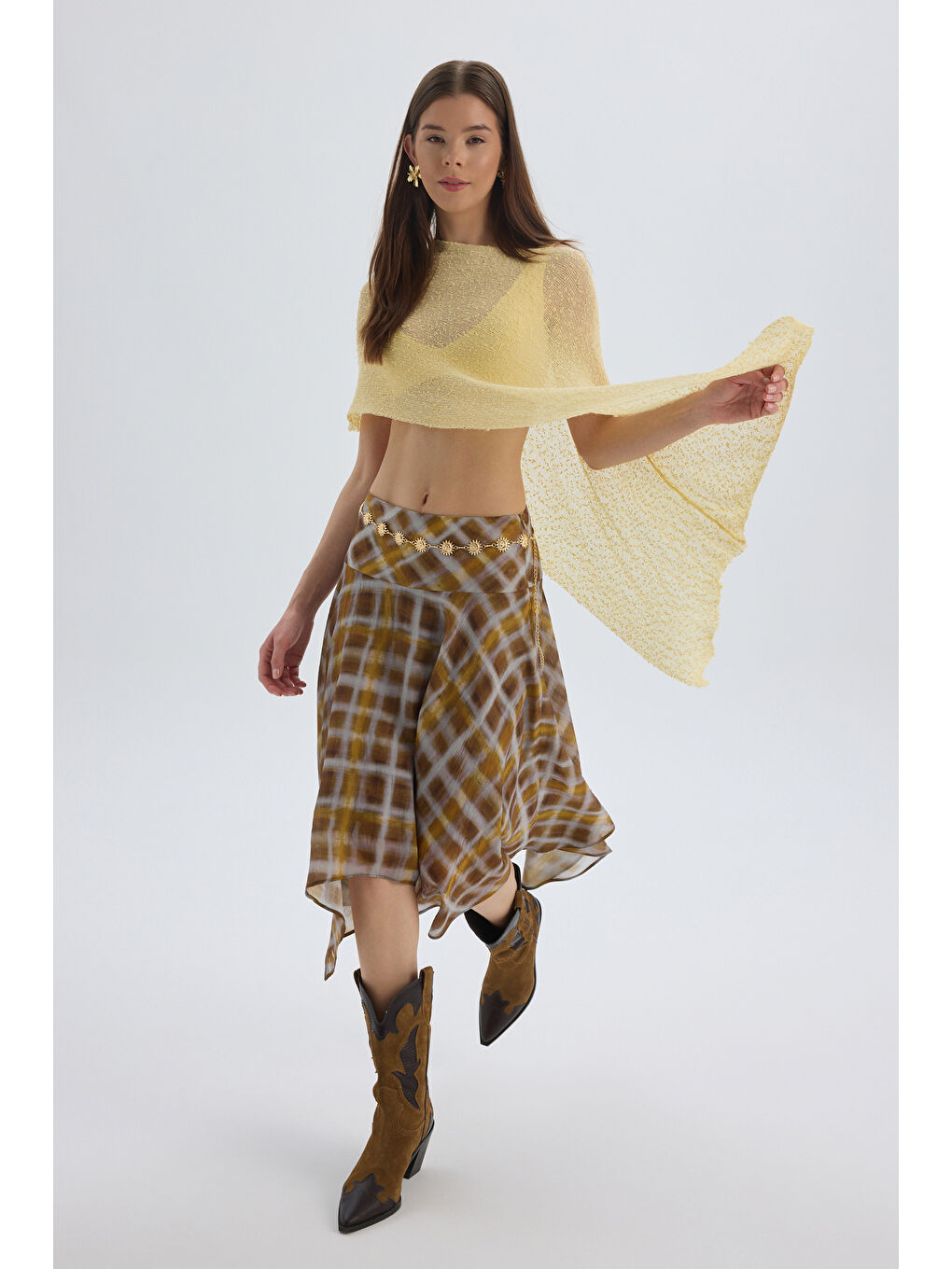 Amorette Asimetrik Ekoseli Sarı Midi Etek-5