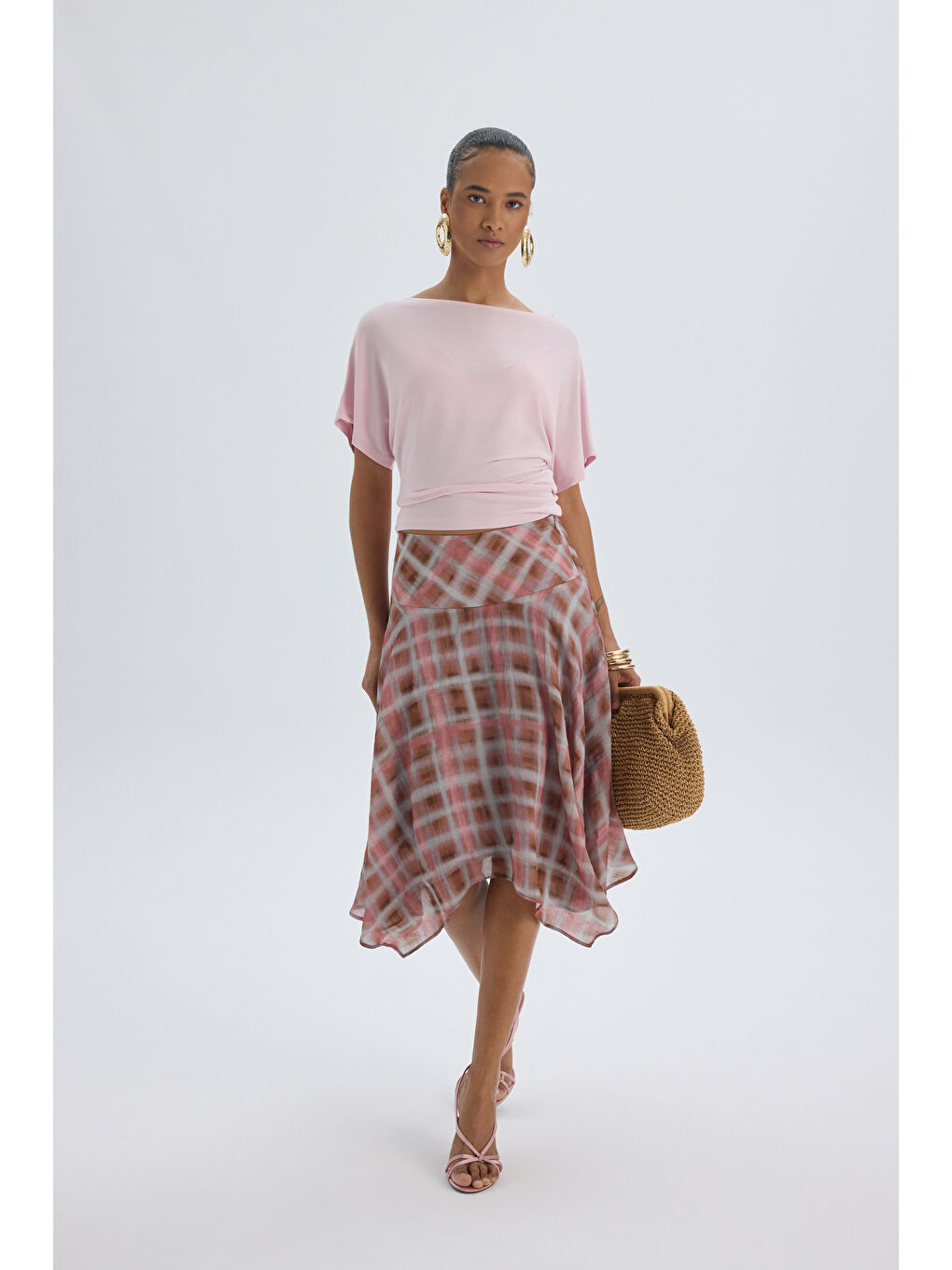 Amorette Asimetrik Ekoseli Pembe Midi Etek-3