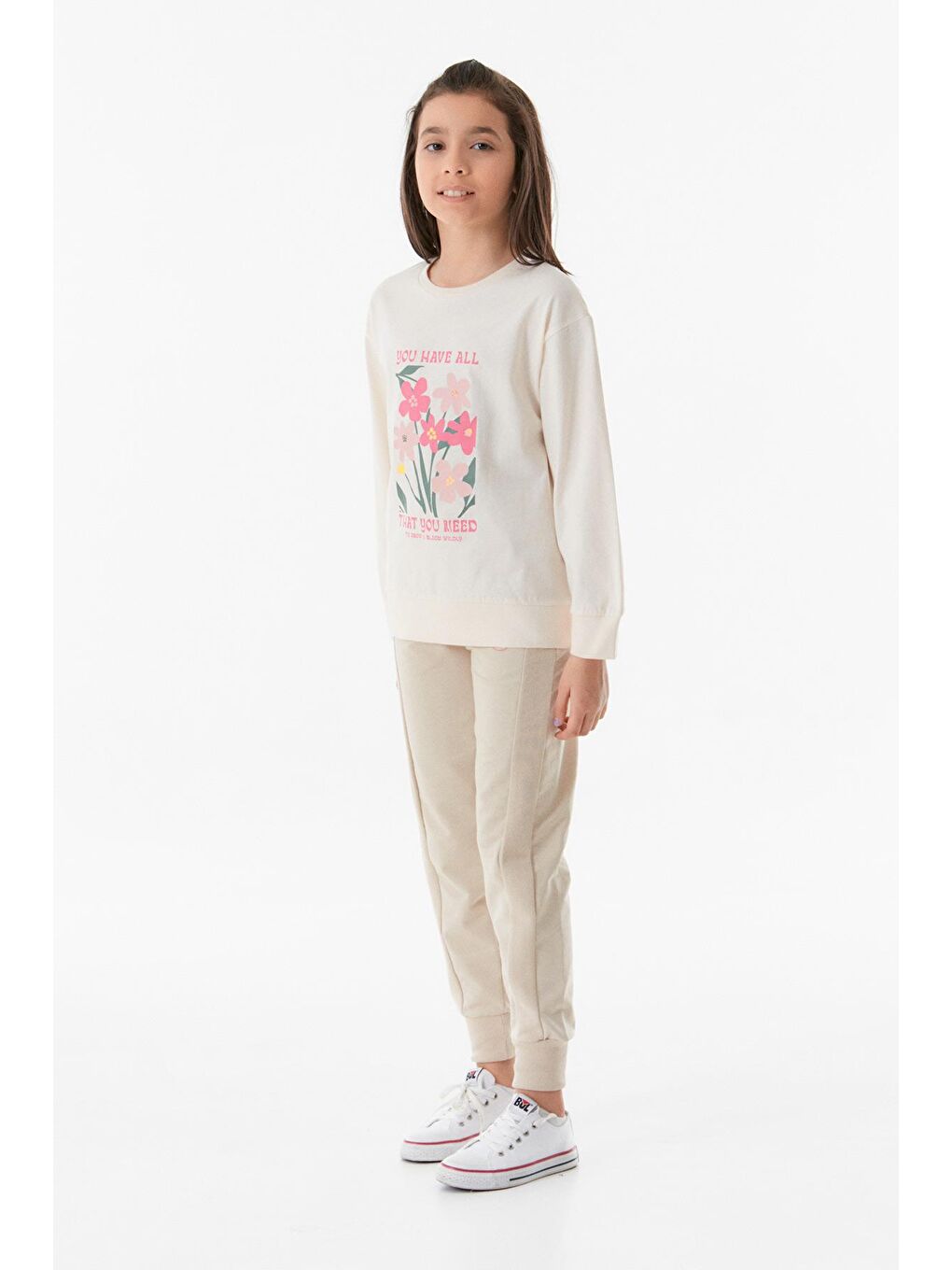 Ekru Baskılı Bisiklet Yaka Kız Çocuk Sweatshirt-2