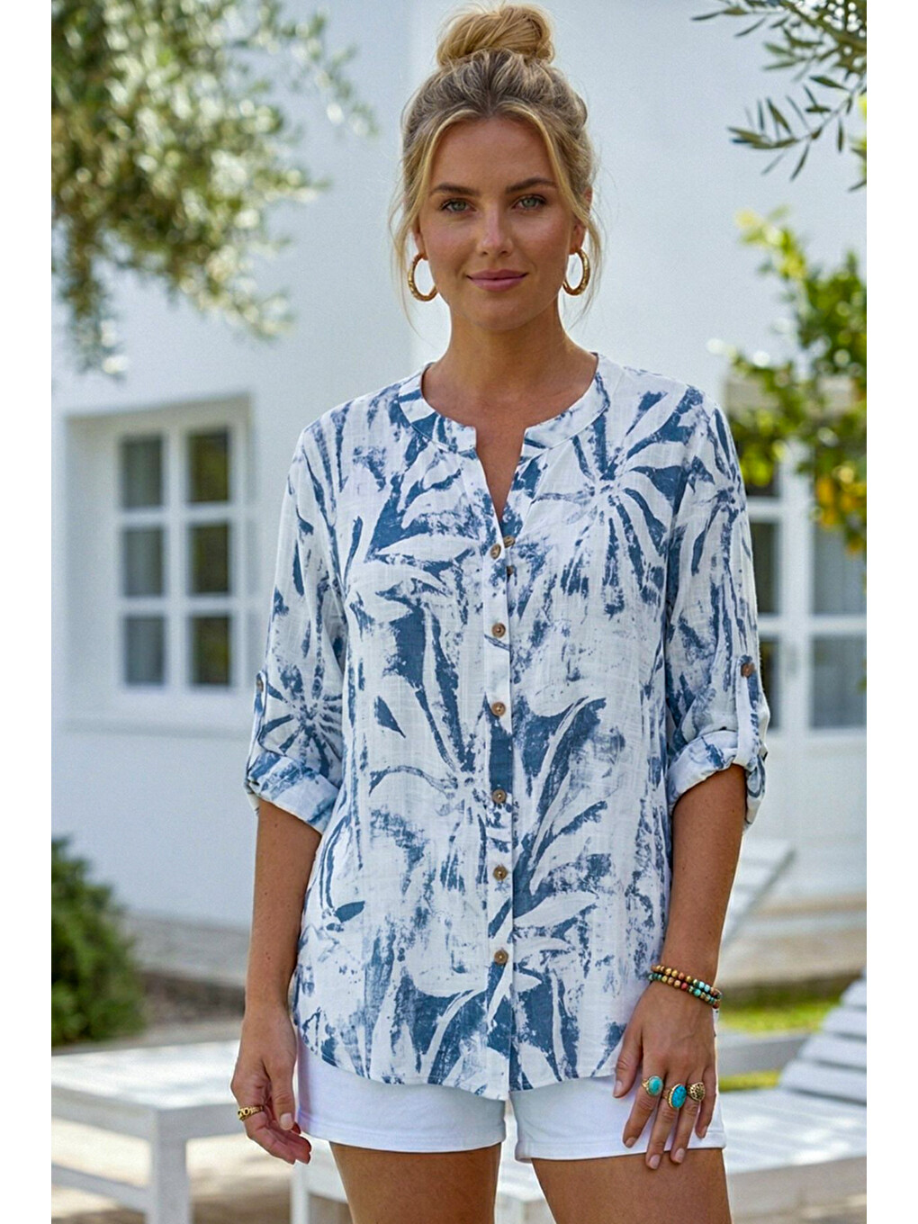 Beyaz-Lacivert Hakim Yaka Düğmeli 3/4 Kol Yırtmaçlı Casual Pamuklu Oversize Dokuma Gömlek 73 60-3