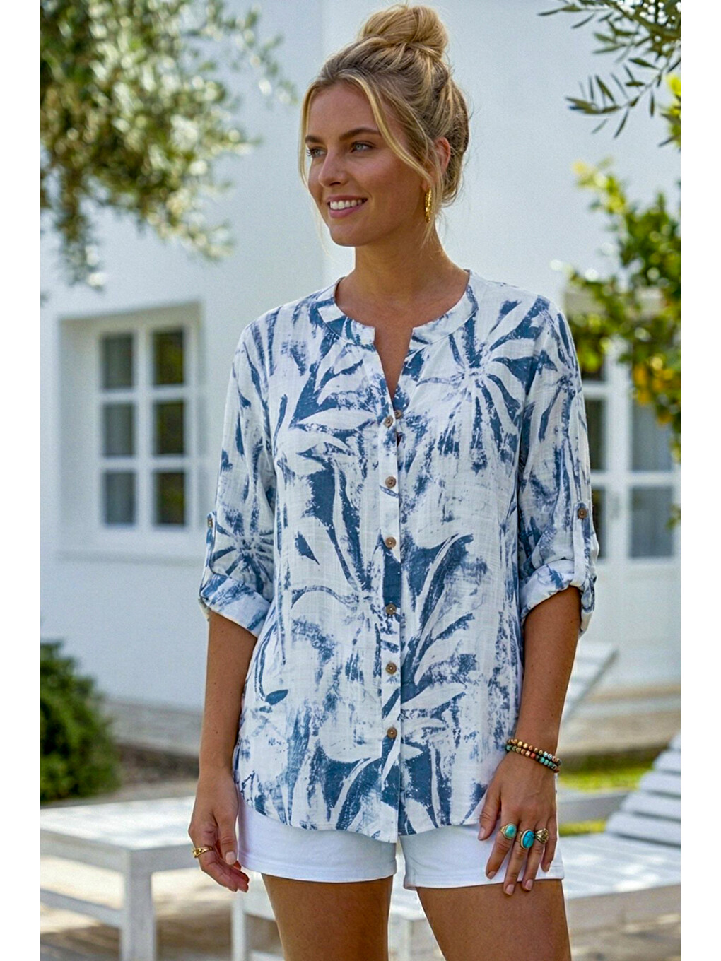 Beyaz-Lacivert Hakim Yaka Düğmeli 3/4 Kol Yırtmaçlı Casual Pamuklu Oversize Dokuma Gömlek 73 60-4